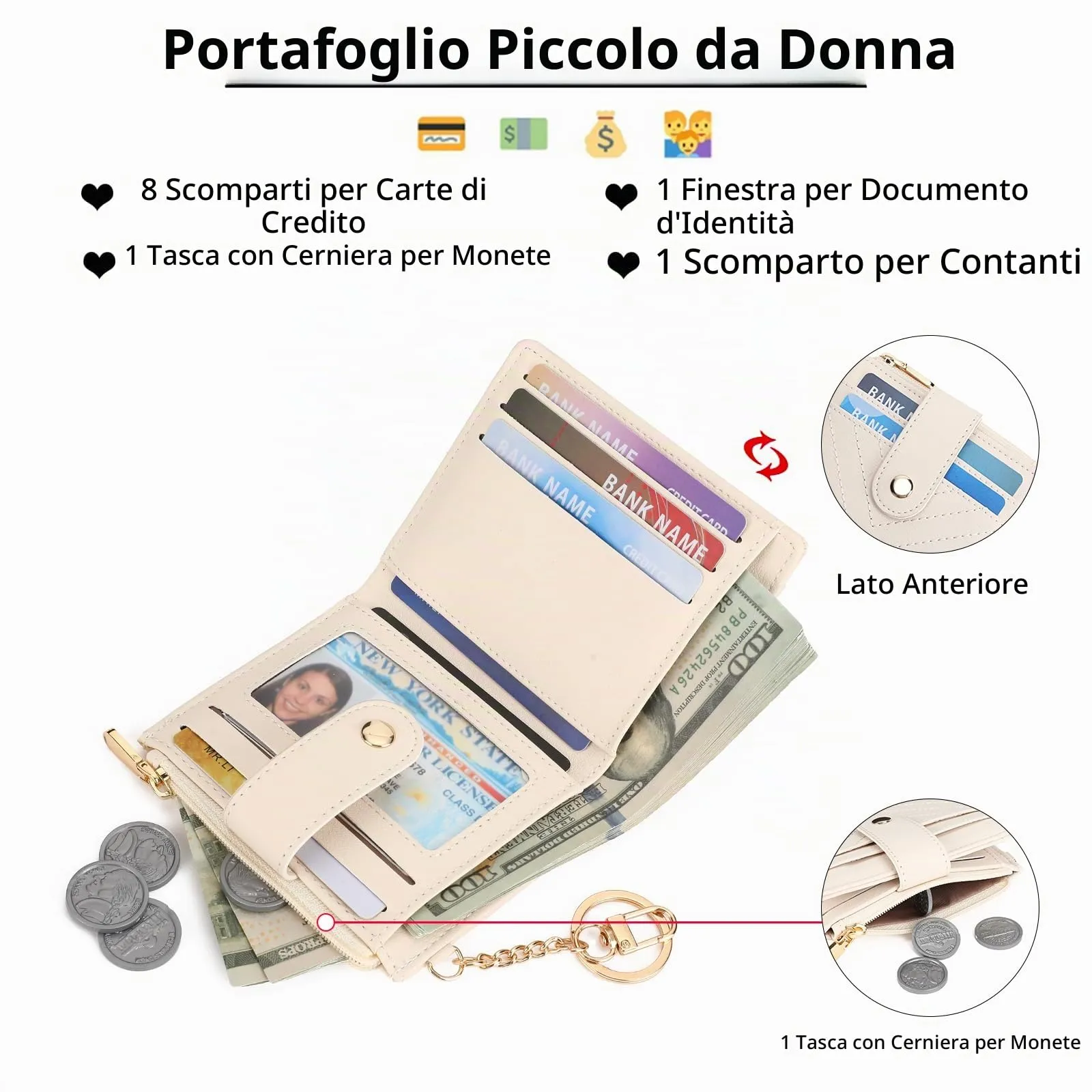 GAEKEAO Portafoglio Donna Piccolo con Blocco RFID, Portamonete Donna in Pelle PU con Cerniera e chiusura a Scatto Scomparti per Carte Multipli Porta Carte di Credito, Beige - immagine 2