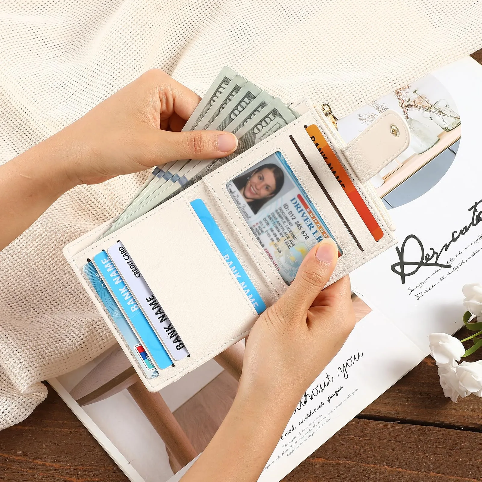 GAEKEAO Portafoglio Donna Piccolo con Blocco RFID, Portamonete Donna in Pelle PU con Cerniera e chiusura a Scatto Scomparti per Carte Multipli Porta Carte di Credito, Beige - immagine 7