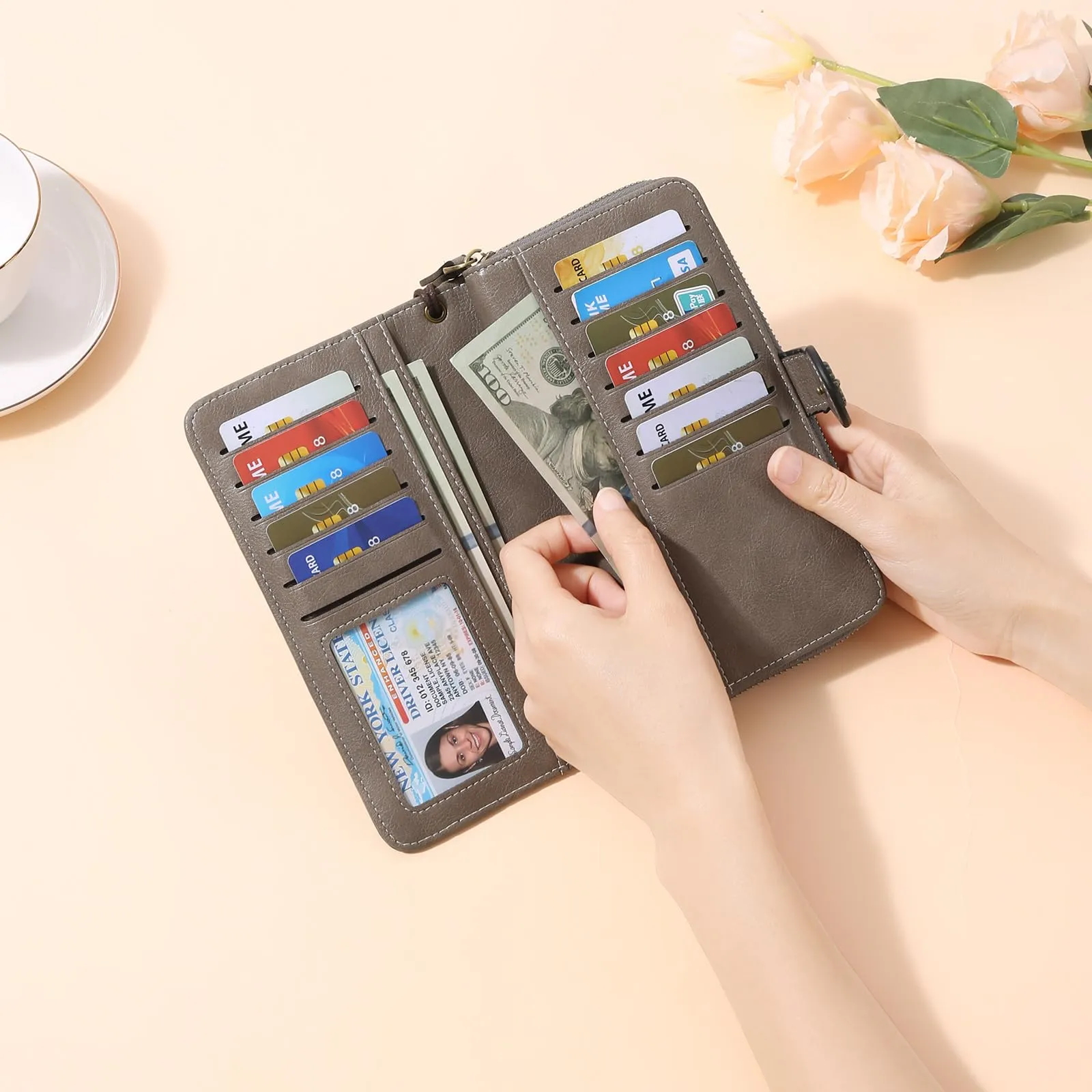 GOIACII Portafoglio Donna in Pelle PU con Blocco RFID Portafogli Grande Borsa Lunga da Donna Portamonete con 13 Scomparti per Carte - immagine 8