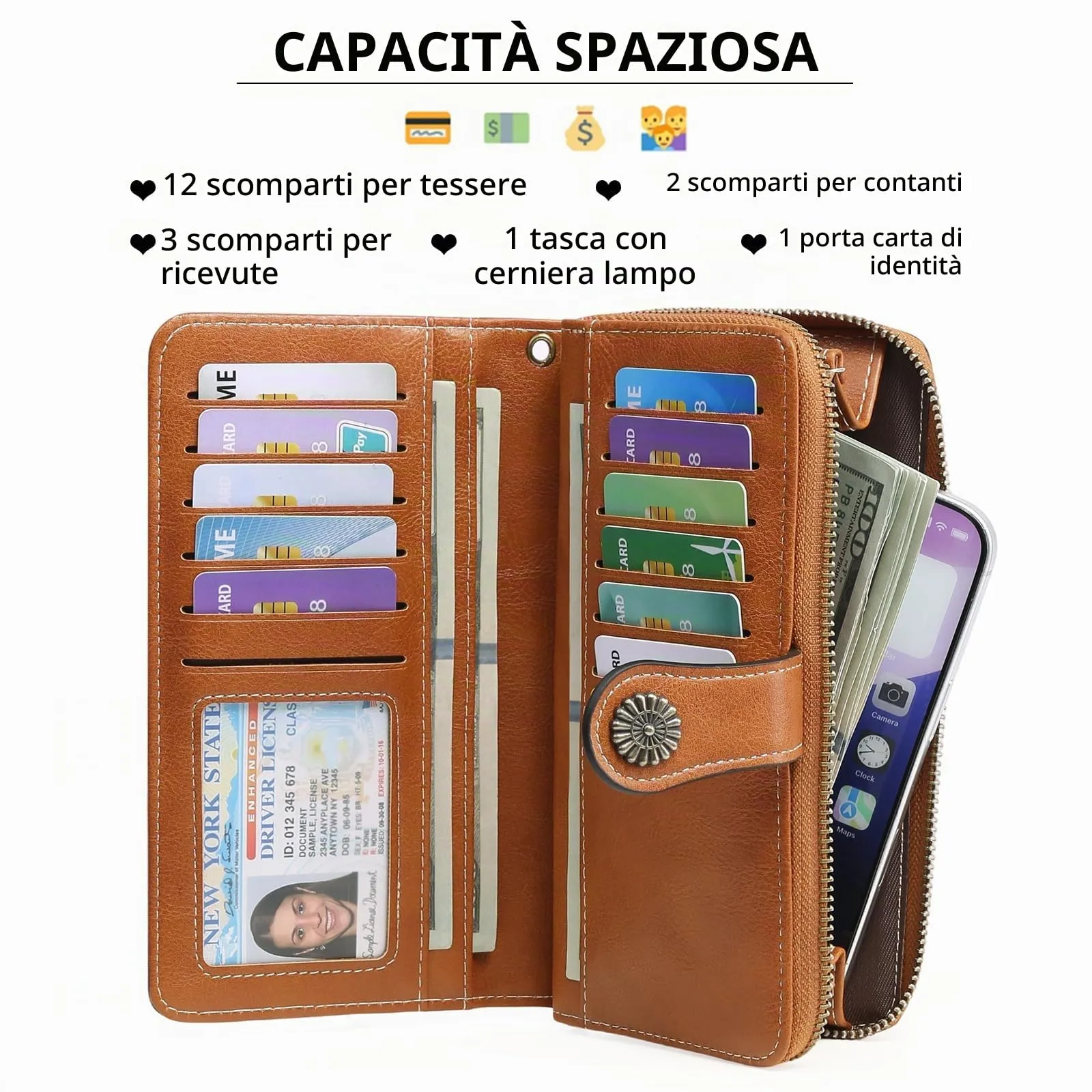 GOIACII Portafoglio Donna in Pelle PU con Blocco RFID Portafogli Grande Borsa Lunga da Donna Portamonete con 13 Scomparti per Carte - immagine 2