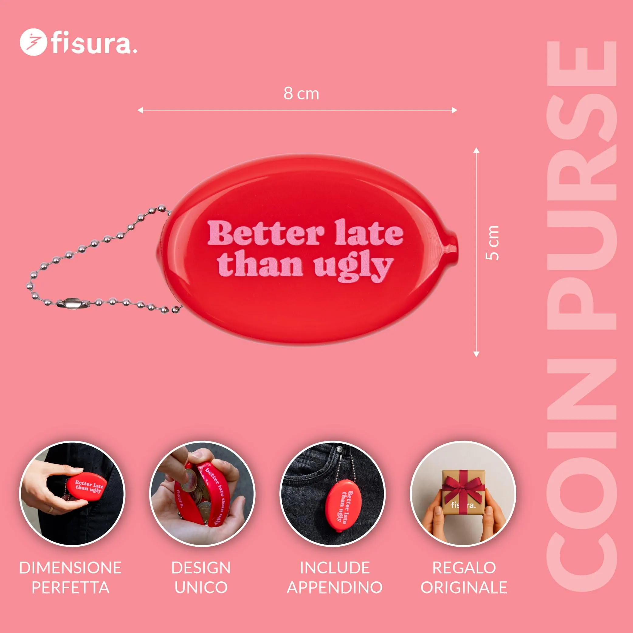 Fisura – Portamonete ovale in gomma “Better late” rosa. Portamonete retrò con catenella, mini portafoglio da tasca unisex, idea regalo originale. 3 pezzi. - immagine 2