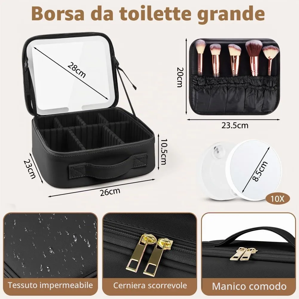OSDUE Beauty Case da Viaggio Donna, con Specchio LED, Divisore, 23x26cm - immagine 2