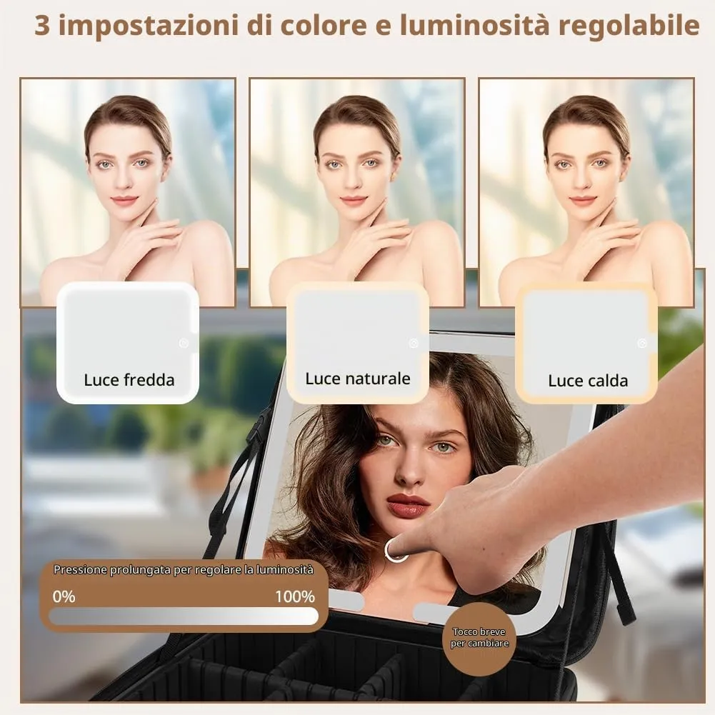 OSDUE Beauty Case da Viaggio Donna, con Specchio LED, Divisore, 23x26cm - immagine 3