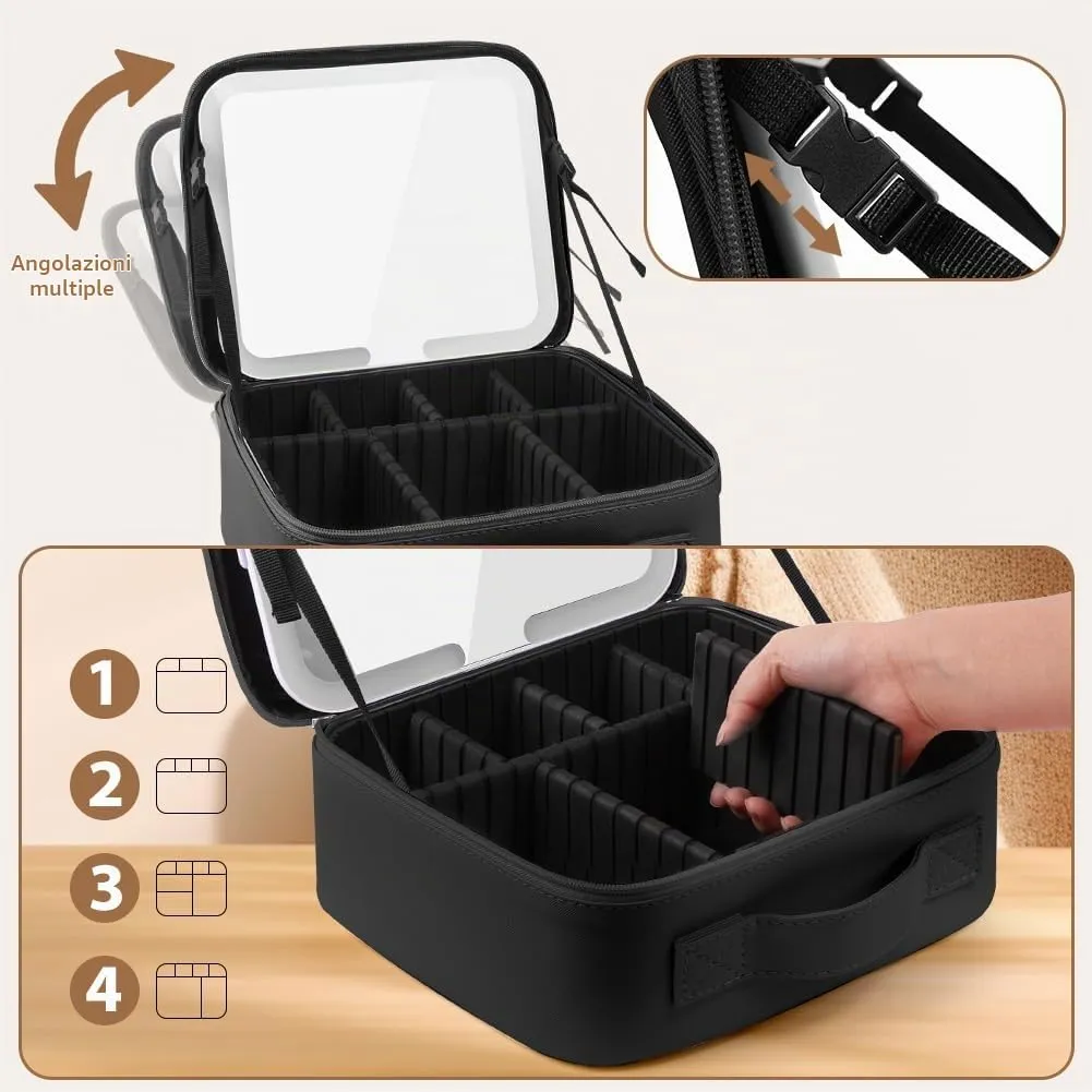 OSDUE Beauty Case da Viaggio Donna, con Specchio LED, Divisore, 23x26cm - immagine 4