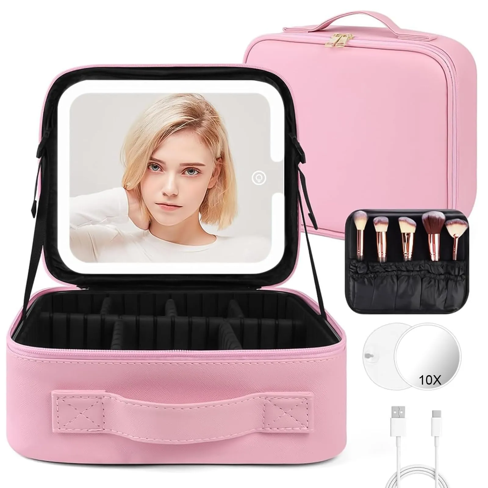 OSDUE Beauty Case da Viaggio Donna, con Specchio LED, Divisore, 23x26cm - immagine 1