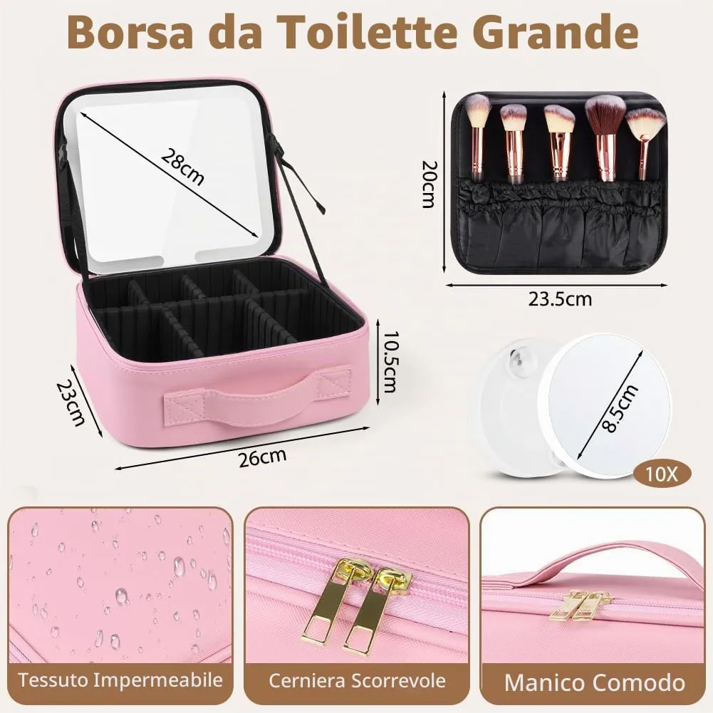 OSDUE Beauty Case da Viaggio Donna, con Specchio LED, Divisore, 23x26cm - immagine 2
