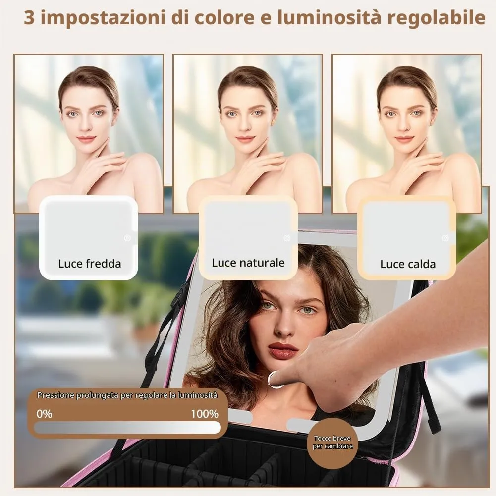 OSDUE Beauty Case da Viaggio Donna, con Specchio LED, Divisore, 23x26cm - immagine 3