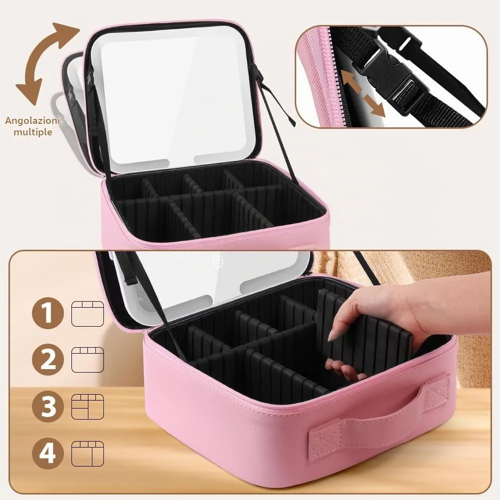 OSDUE Beauty Case da Viaggio Donna, con Specchio LED, Divisore, 23x26cm - immagine 4