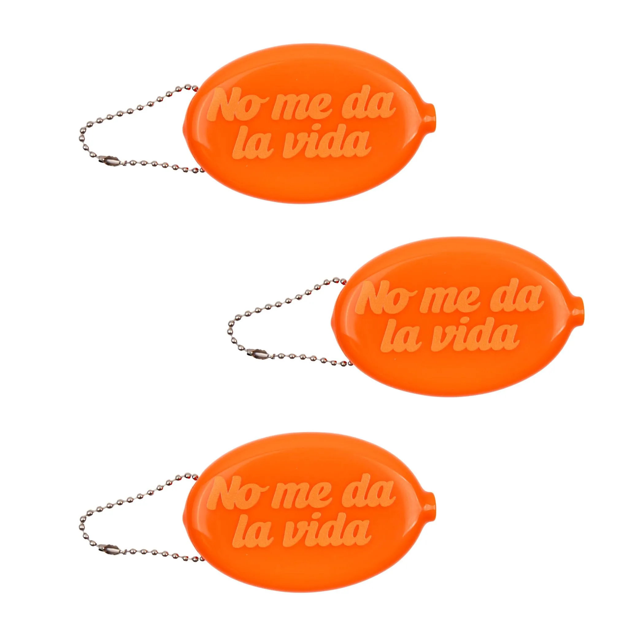 Fisura – Portamonete ovale in gomma “No me da la vida” arancione. Portamonete retrò con catena, mini portafoglio da tasca unisex, regalo originale per ogni occasione. 3 pezzi. - immagine 1