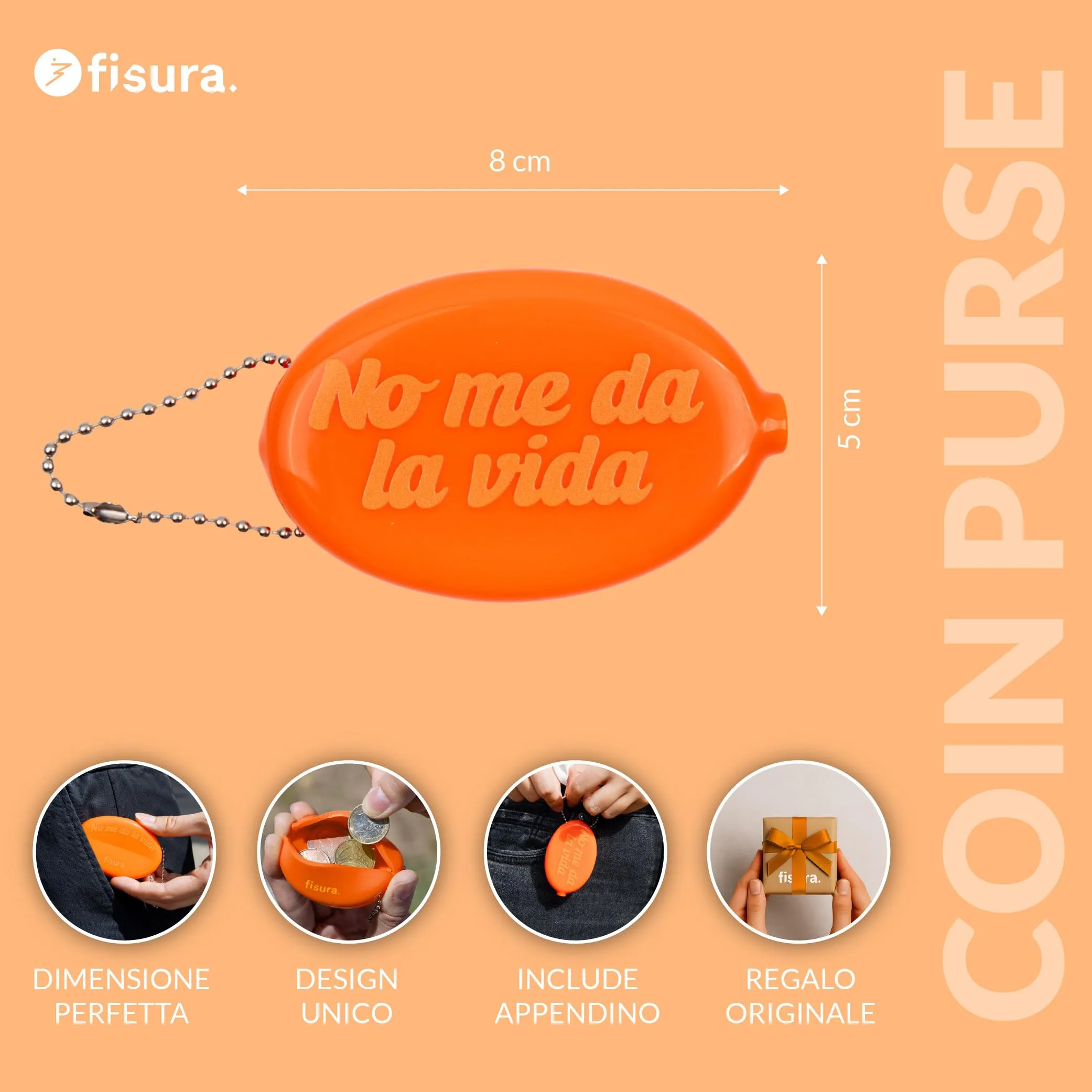 Fisura – Portamonete ovale in gomma “No me da la vida” arancione. Portamonete retrò con catena, mini portafoglio da tasca unisex, regalo originale per ogni occasione. 3 pezzi. - immagine 2
