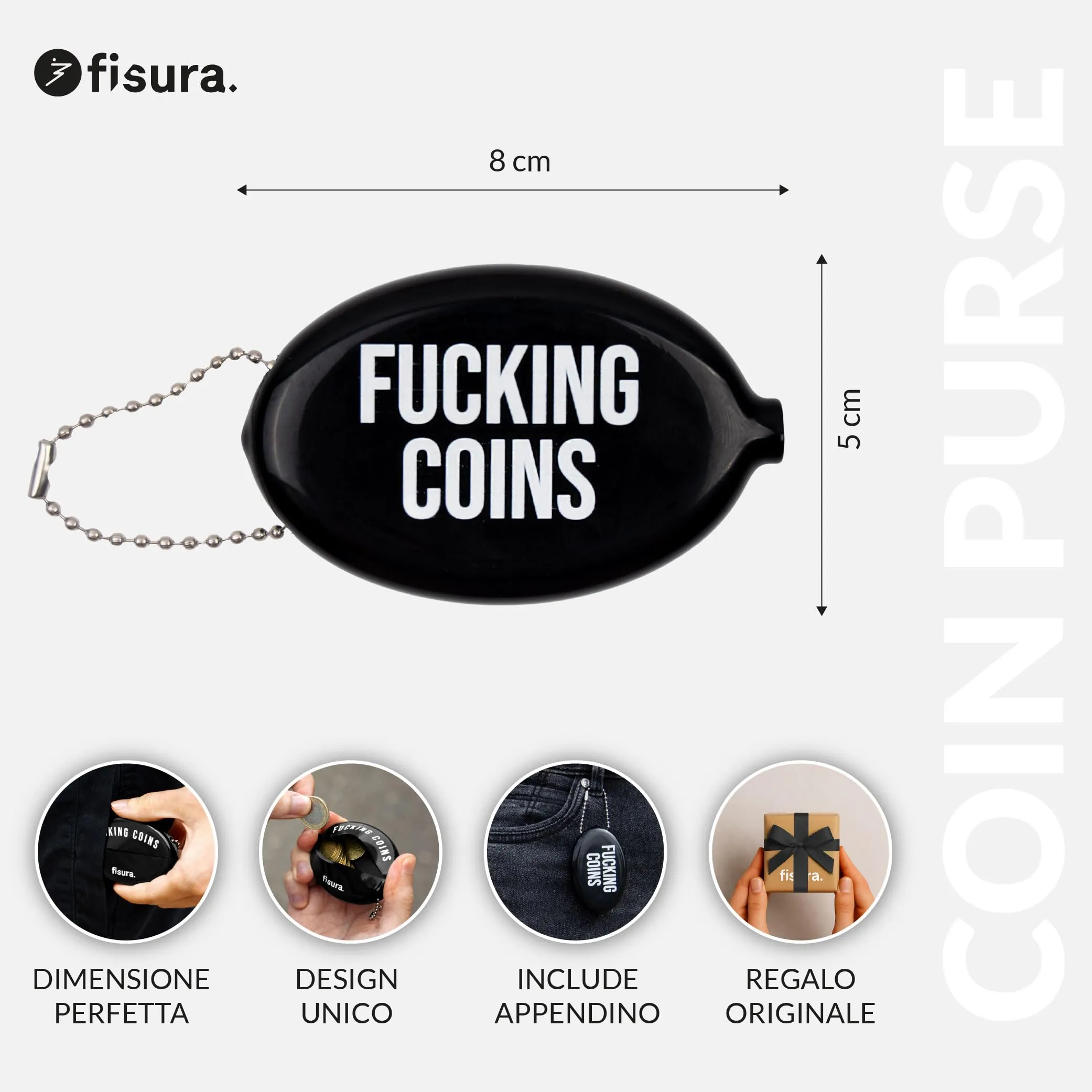 Fisura – Portamonete ovale in gomma “F*cking coins” nero. Portamonete retrò con catenella, mini portafoglio da tasca unisex, idea regalo originale. 5 pezzi. - immagine 2