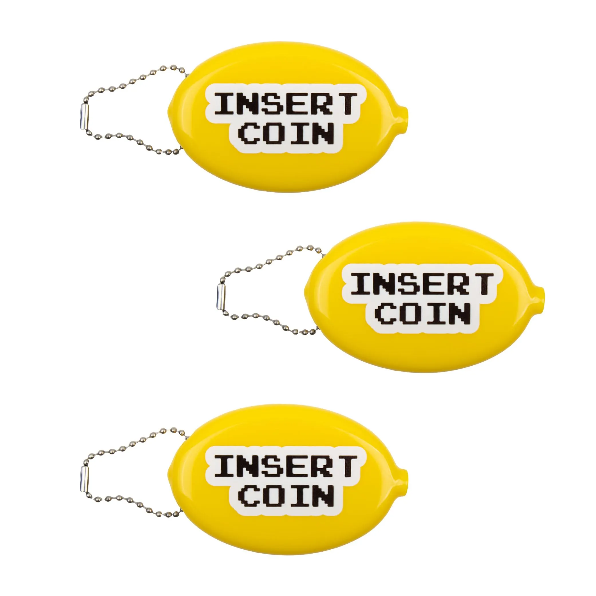 Fisura – Portamonete ovale in gomma “Insert coin” giallo. Portamonete retrò con catenella, portafoglio da tasca per tutti i giorni, idea regalo unisex. 3 pezzi. - immagine 1