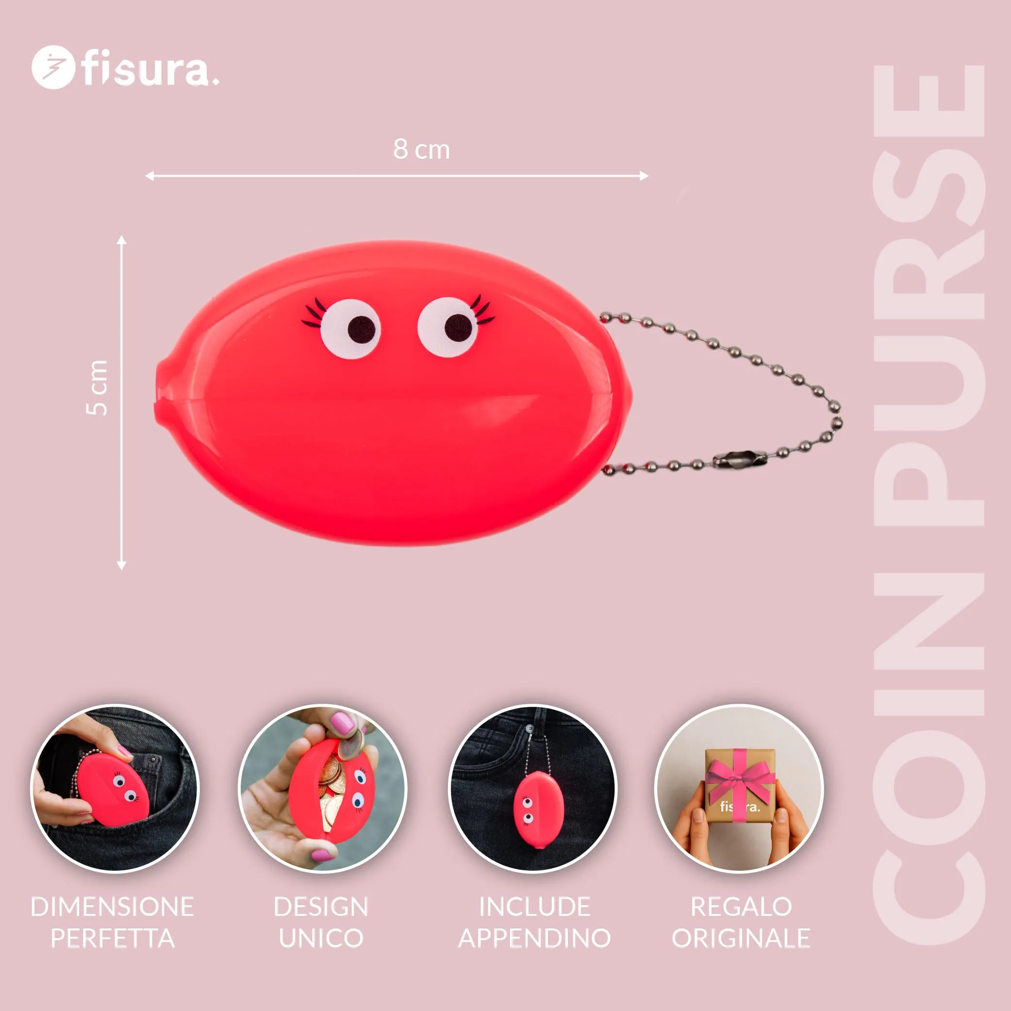 Fisura – Portamonete ovale in gomma “Ojos” rosa. Portamonete retrò con catenella, portafoglio tascabile unisex, accessorio pratico e creativo. 3 pezzi. - immagine 2