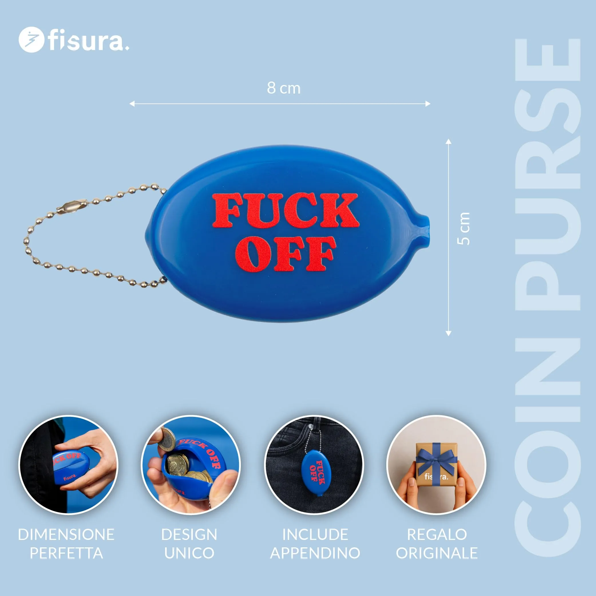 Fisura – Portamonete ovale in gomma “F*ck off” blu scuro. Portamonete retrò con catenella, portafoglio compatto da tasca unisex, regalo divertente e originale. 3 pezzi. - immagine 2