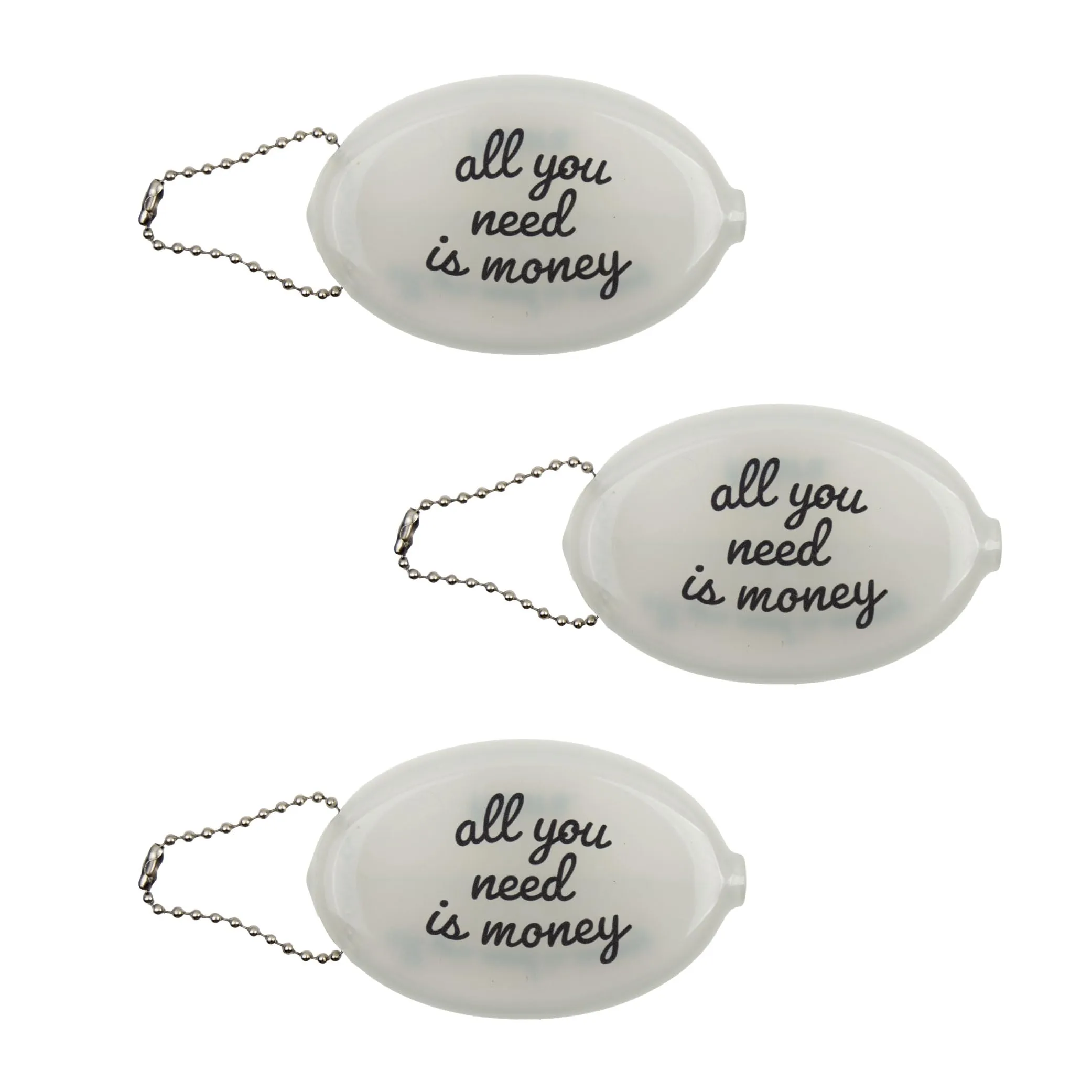 Fisura – Portamonete ovale in gomma “All you need” bianco. Portamonete retrò con catenella, mini portafoglio da tasca unisex, idea regalo originale. 3 pezzi. - immagine 1