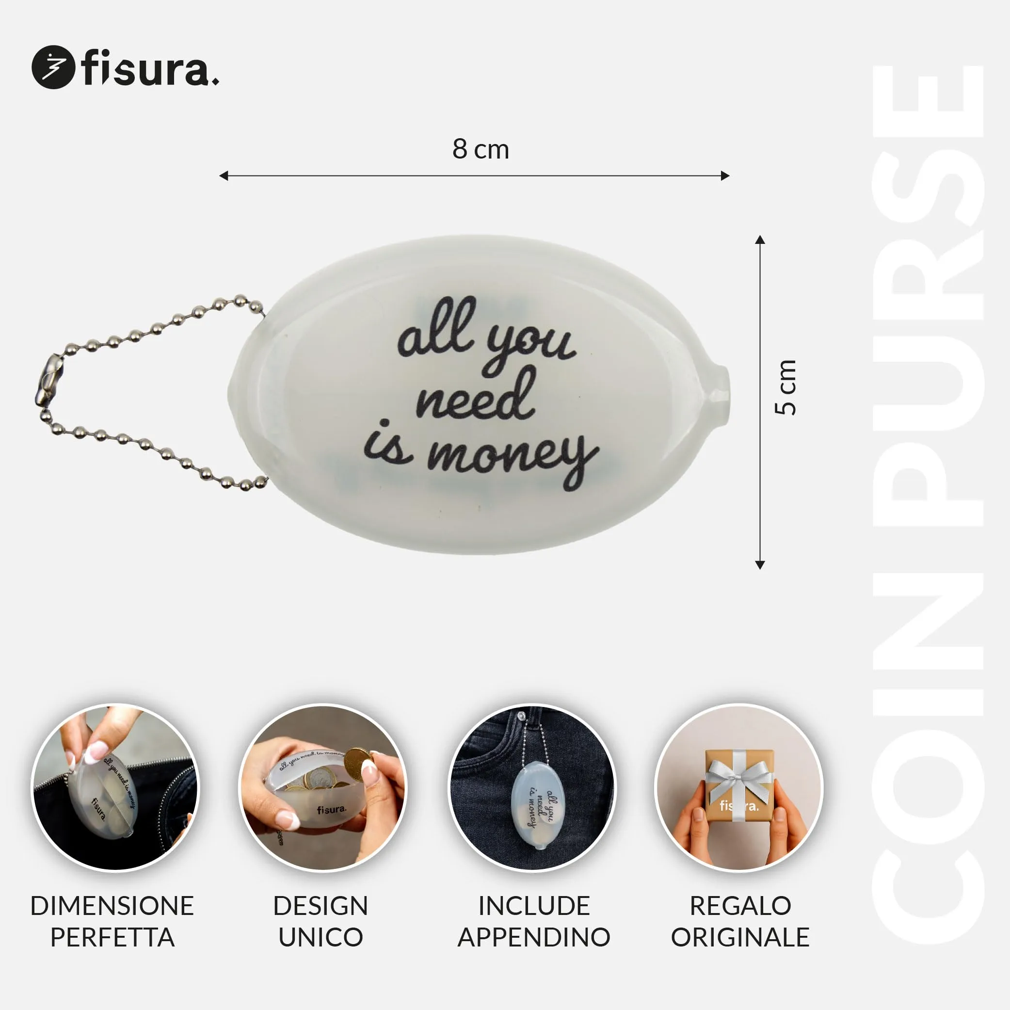 Fisura – Portamonete ovale in gomma “All you need” bianco. Portamonete retrò con catenella, mini portafoglio da tasca unisex, idea regalo originale. 3 pezzi. - immagine 2