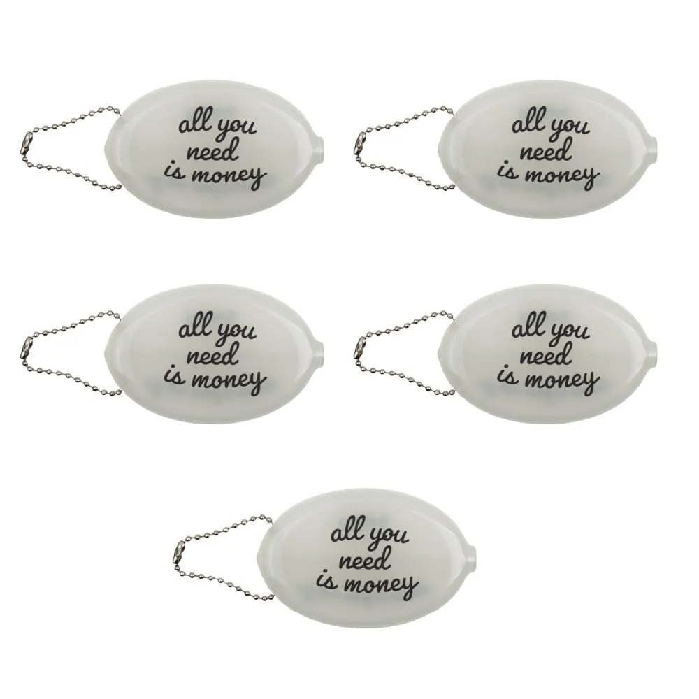 Fisura – Portamonete ovale in gomma “All you need” bianco. Portamonete retrò con catenella, mini portafoglio da tasca unisex, idea regalo originale. 5 pezzi. - immagine 1