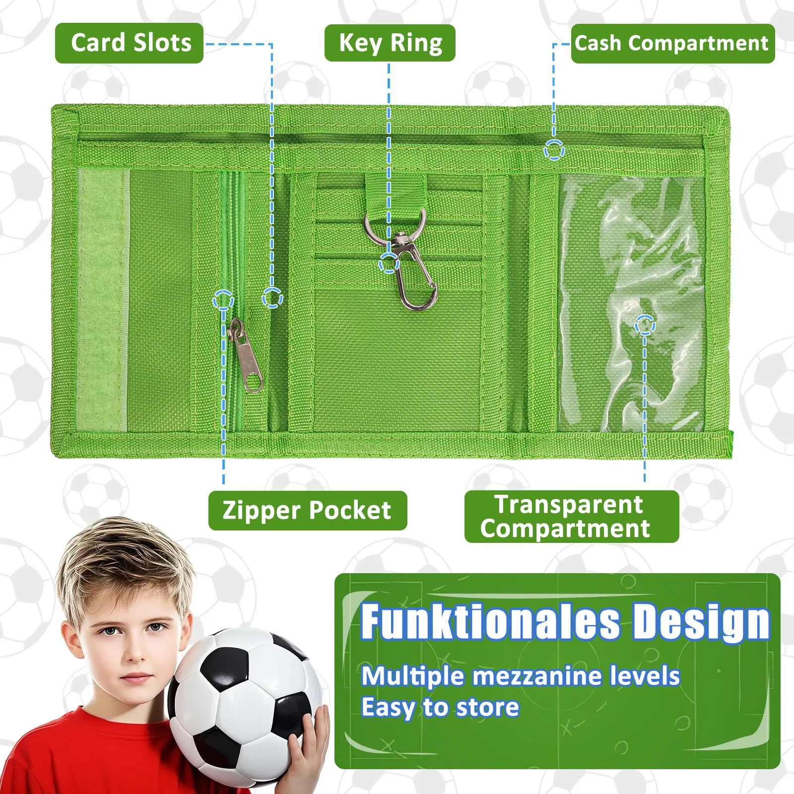 GADITIEK Marsupio da collo per bambini, portafoglio per bambini con portachiavi, regali di calcio per ragazzi, portafoglio per ragazzi per compleanni (Soccer - New) - immagine 3