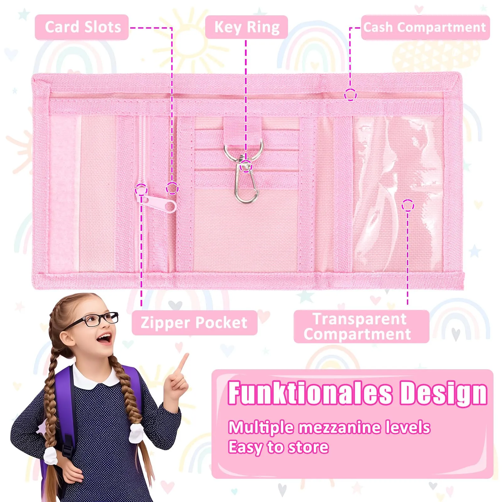 GADITIEK Marsupio da collo per ragazze, portafoglio per bambini con portachiavi, portafoglio per bambini per ragazze, compleanni (Bohemian - New) - immagine 3