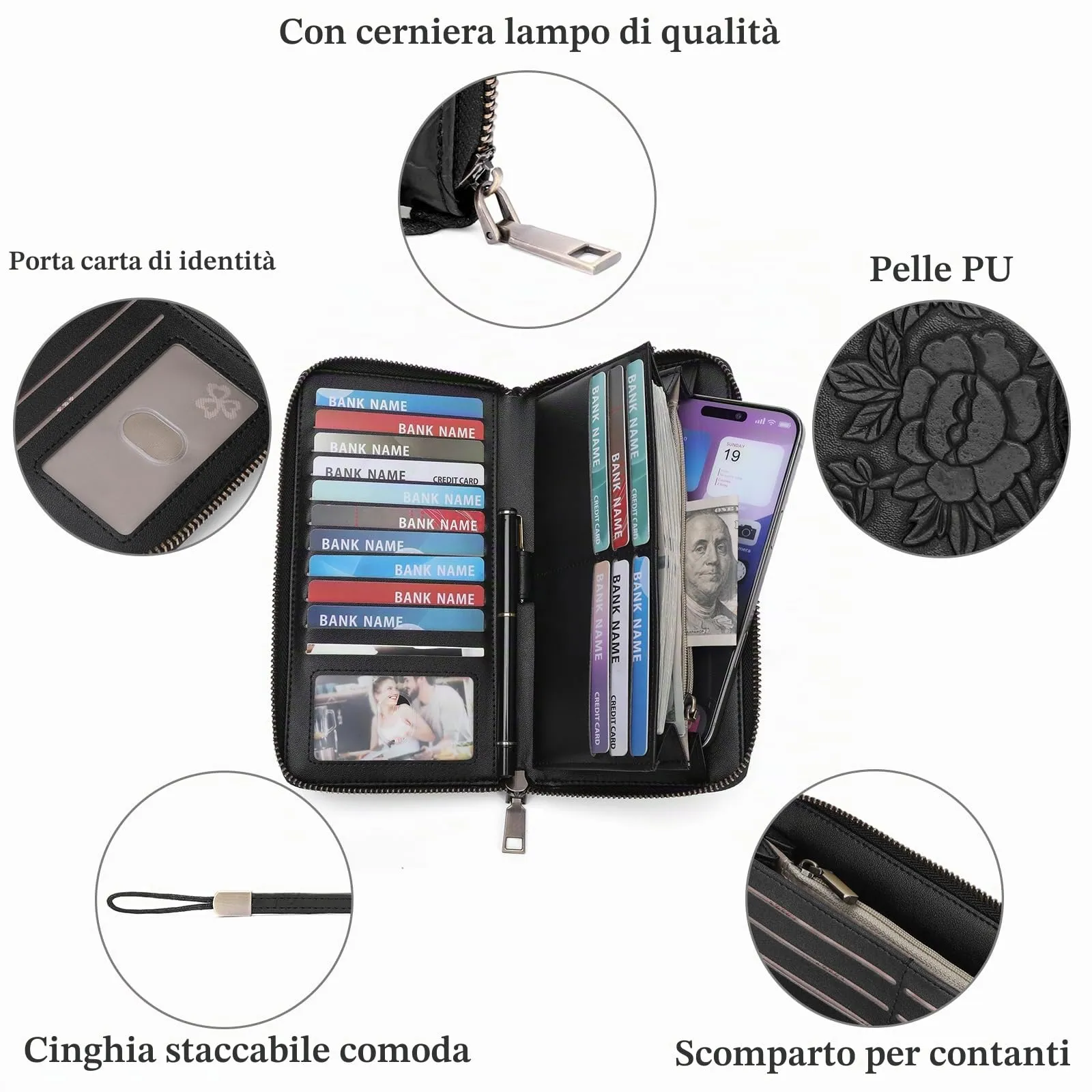 SENDEFN Portafoglio Donna Grande, Portamonete RFID in Pelle Vegana, Chiusura con Cerniera, Borsellino Donna Grande Capacità con 17 Scomparti per Carte, Ideale Regali - immagine 2