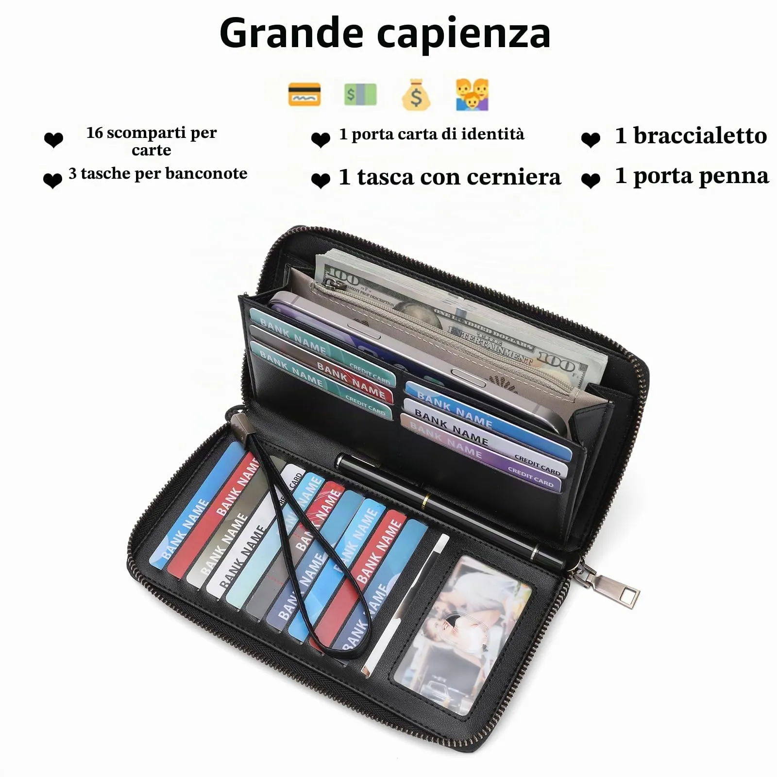 SENDEFN Portafoglio Donna Grande, Portamonete RFID in Pelle Vegana, Chiusura con Cerniera, Borsellino Donna Grande Capacità con 17 Scomparti per Carte, Ideale Regali - immagine 3