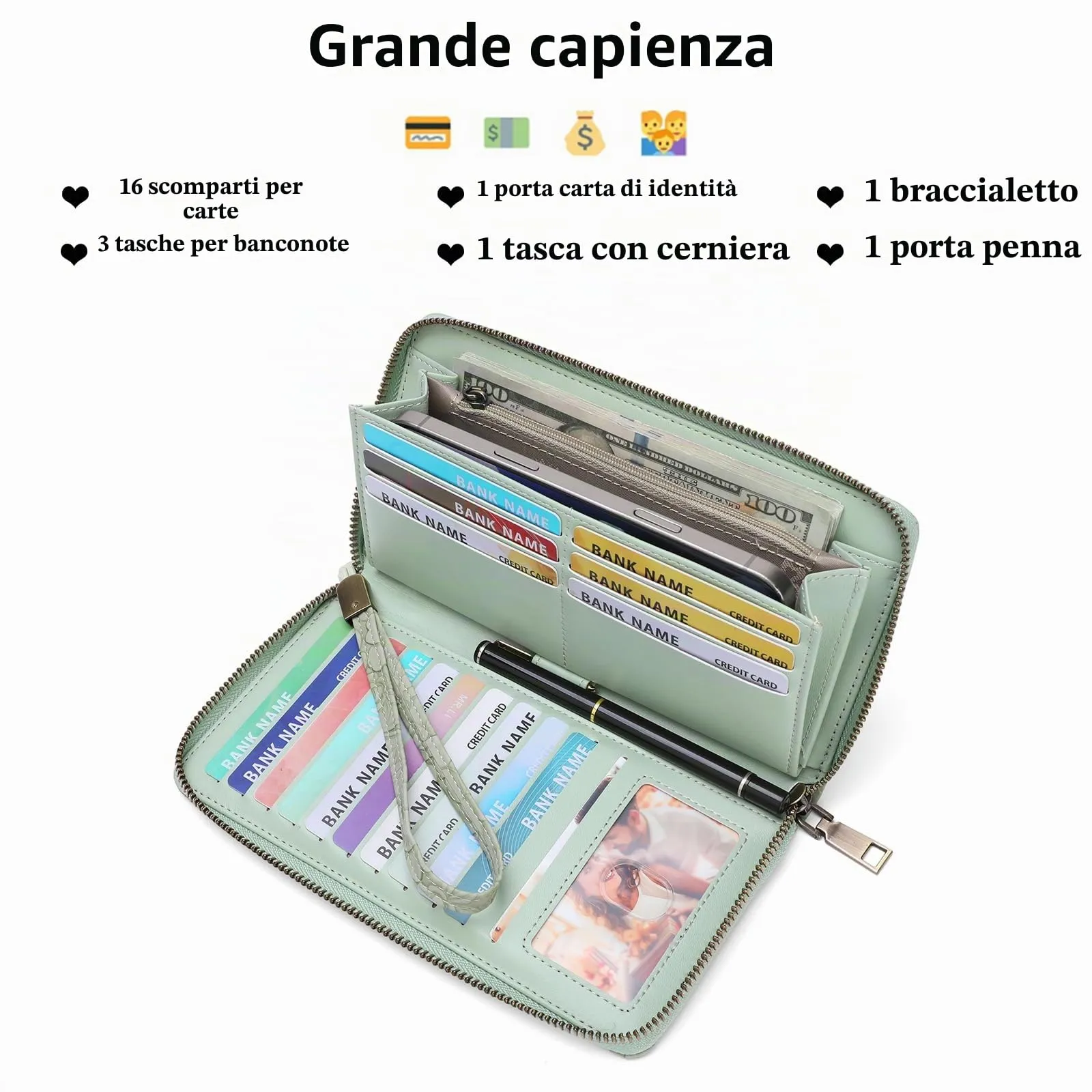 SENDEFN Portafoglio Donna Grande, Portamonete RFID in Pelle Vegana, Chiusura con Cerniera, Borsellino Donna Grande Capacità con 17 Scomparti per Carte, Ideale Regali - immagine 3