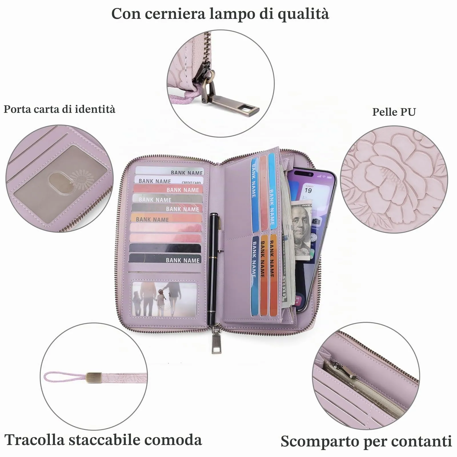 SENDEFN Portafoglio Donna Grande, Portamonete RFID in Pelle Vegana, Chiusura con Cerniera, Borsellino Donna Grande Capacità con 17 Scomparti per Carte, Ideale Regali - immagine 2