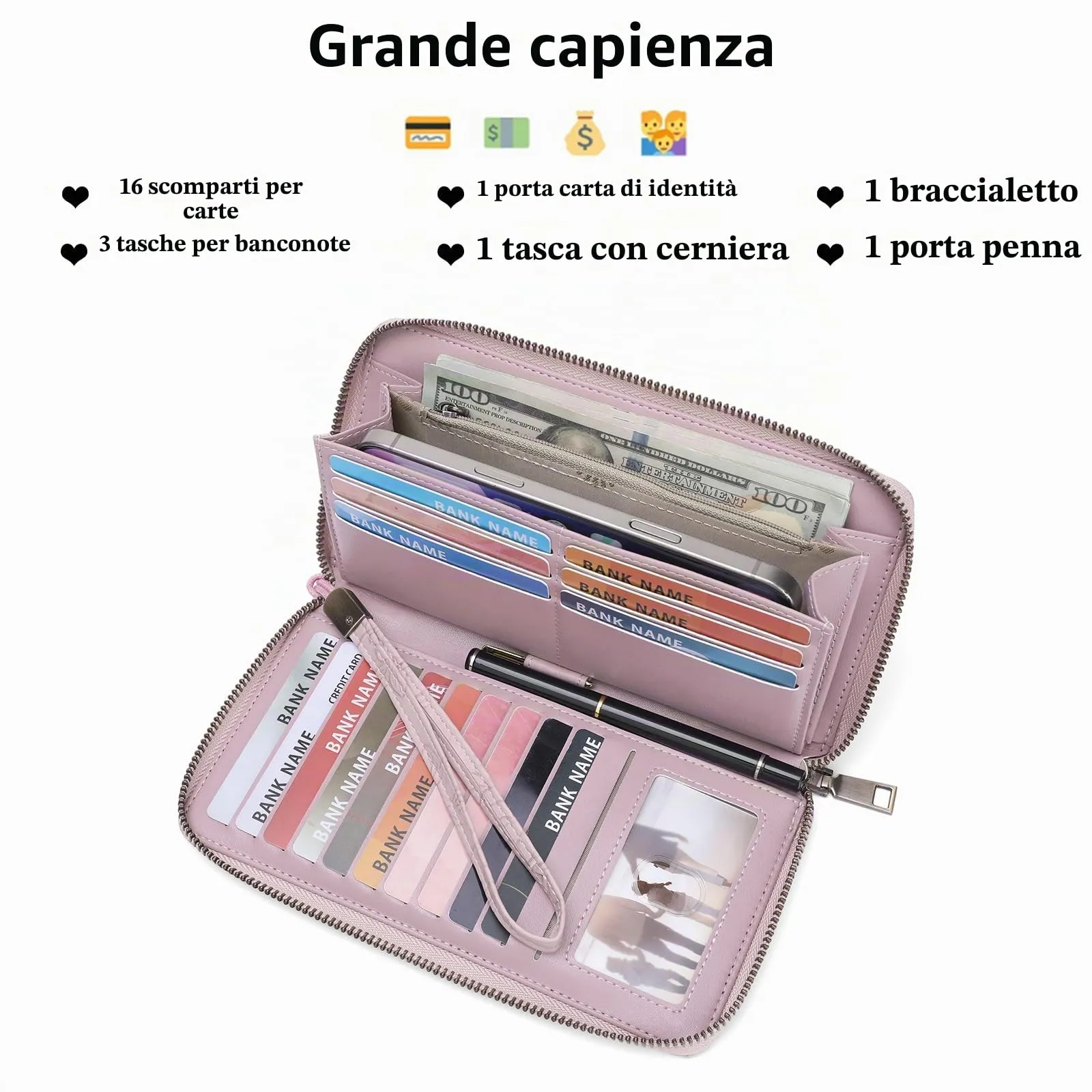 SENDEFN Portafoglio Donna Grande, Portamonete RFID in Pelle Vegana, Chiusura con Cerniera, Borsellino Donna Grande Capacità con 17 Scomparti per Carte, Ideale Regali - immagine 3