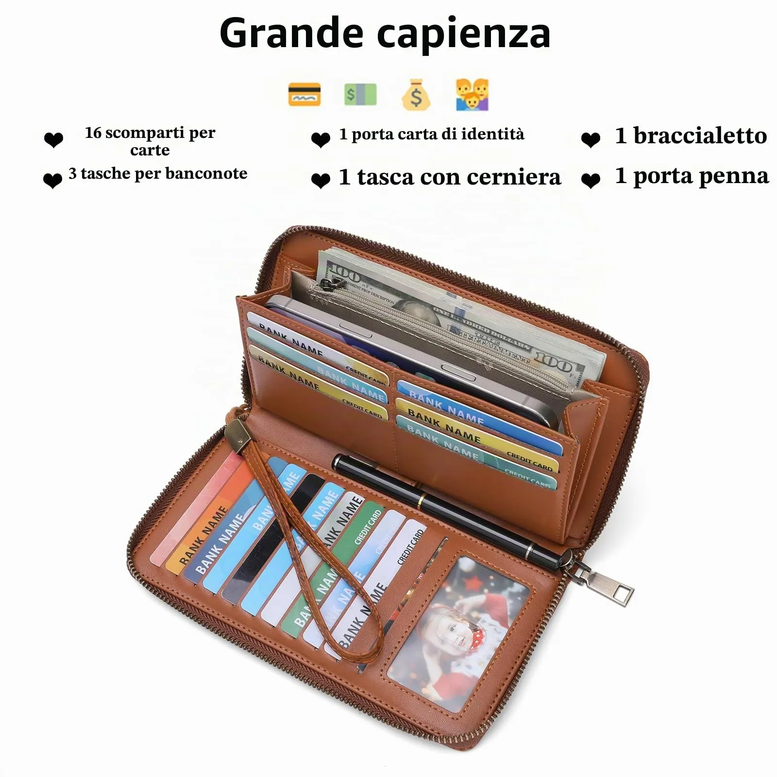 SENDEFN Portafoglio Donna Grande, Portamonete RFID in Pelle Vegana, Chiusura con Cerniera, Borsellino Donna Grande Capacità con 17 Scomparti per Carte, Ideale Regali - immagine 3