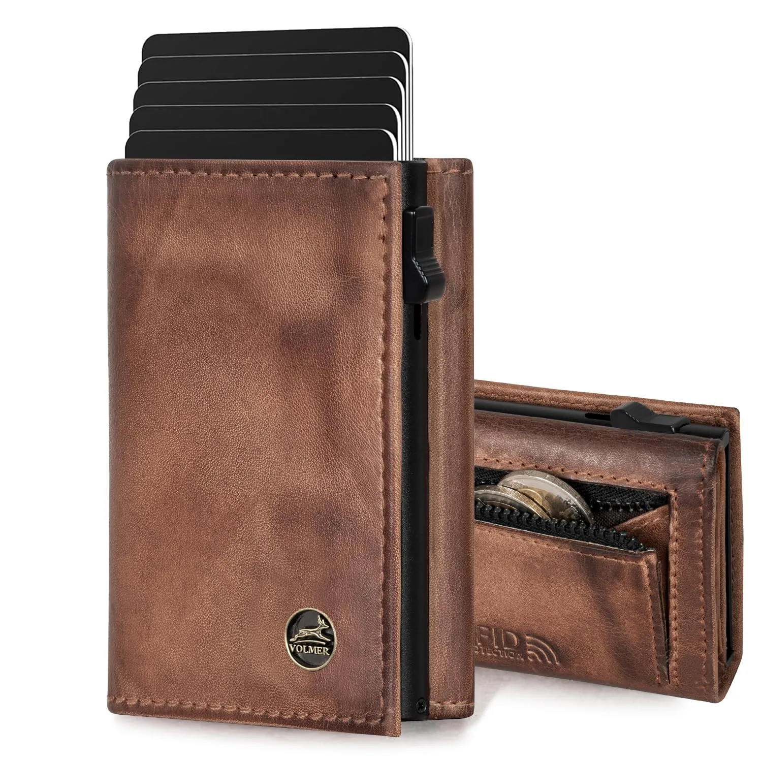 Fa.Volmer Porta carte con portamonete in vera pelle per uomo e donna | 11 carte | protezione RFID | Portafoglio VO44 (Antique Brown, piccolo scomparto per monete) - immagine 1