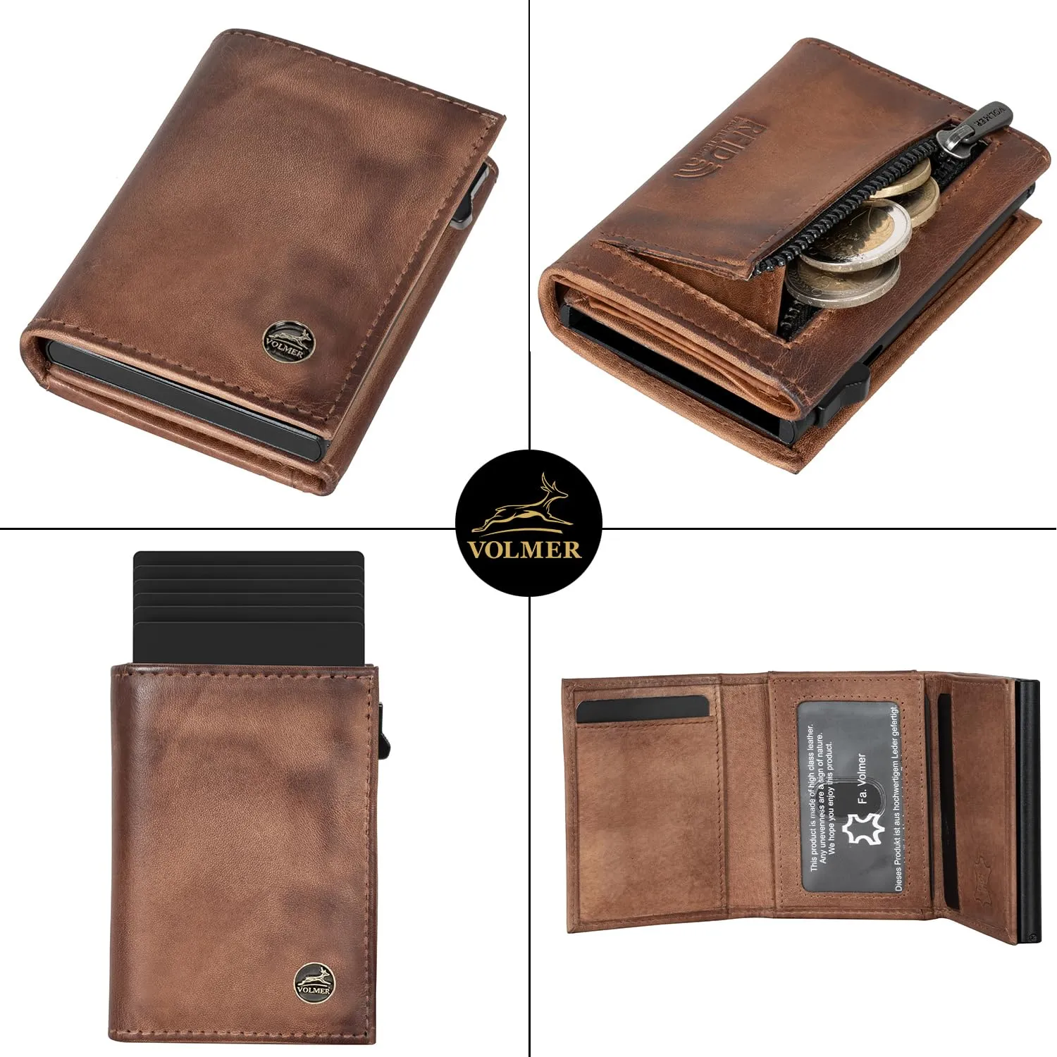 Fa.Volmer Porta carte con portamonete in vera pelle per uomo e donna | 11 carte | protezione RFID | Portafoglio VO44 (Antique Brown, piccolo scomparto per monete) - immagine 3