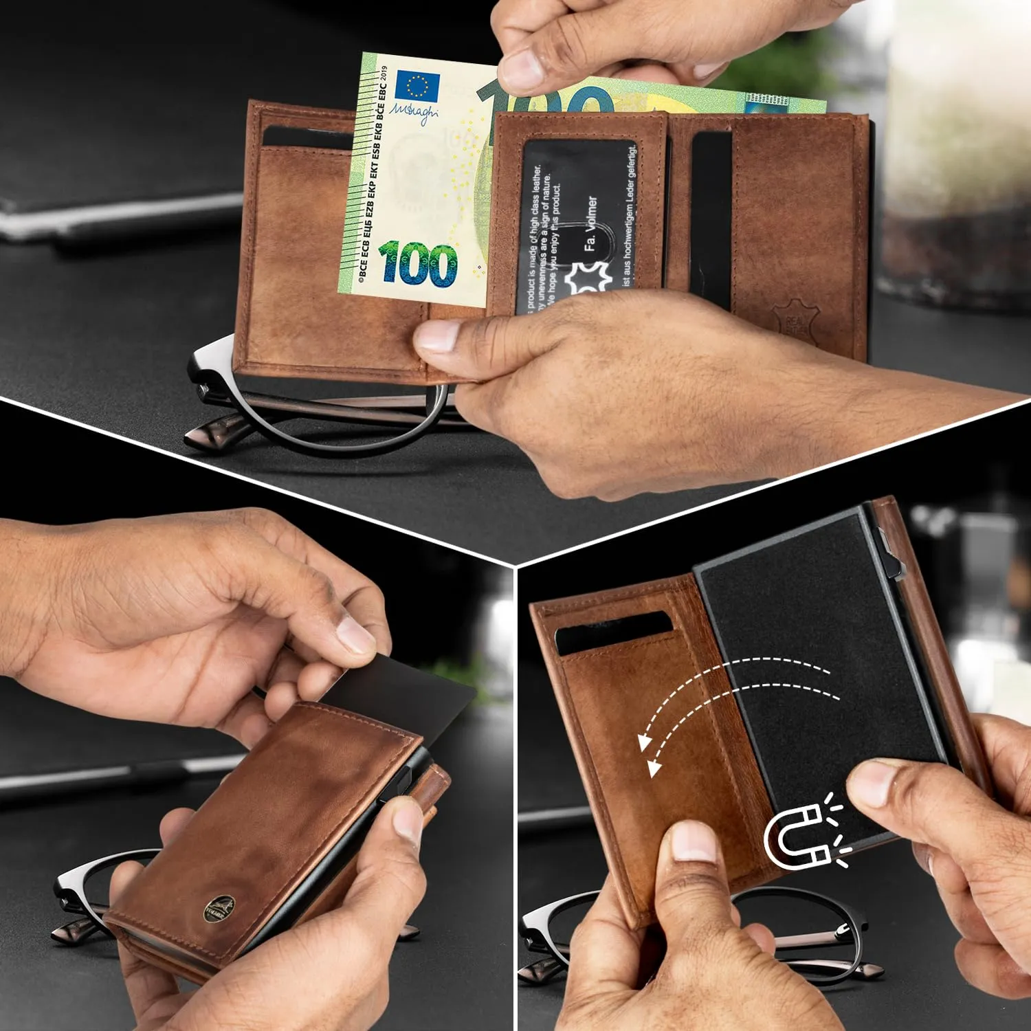 Fa.Volmer Porta carte con portamonete in vera pelle per uomo e donna | 11 carte | protezione RFID | Portafoglio VO44 (Antique Brown, piccolo scomparto per monete) - immagine 4