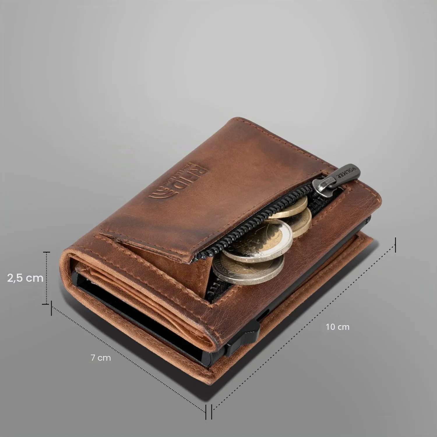 Fa.Volmer Porta carte con portamonete in vera pelle per uomo e donna | 11 carte | protezione RFID | Portafoglio VO44 (Antique Brown, piccolo scomparto per monete) - immagine 6
