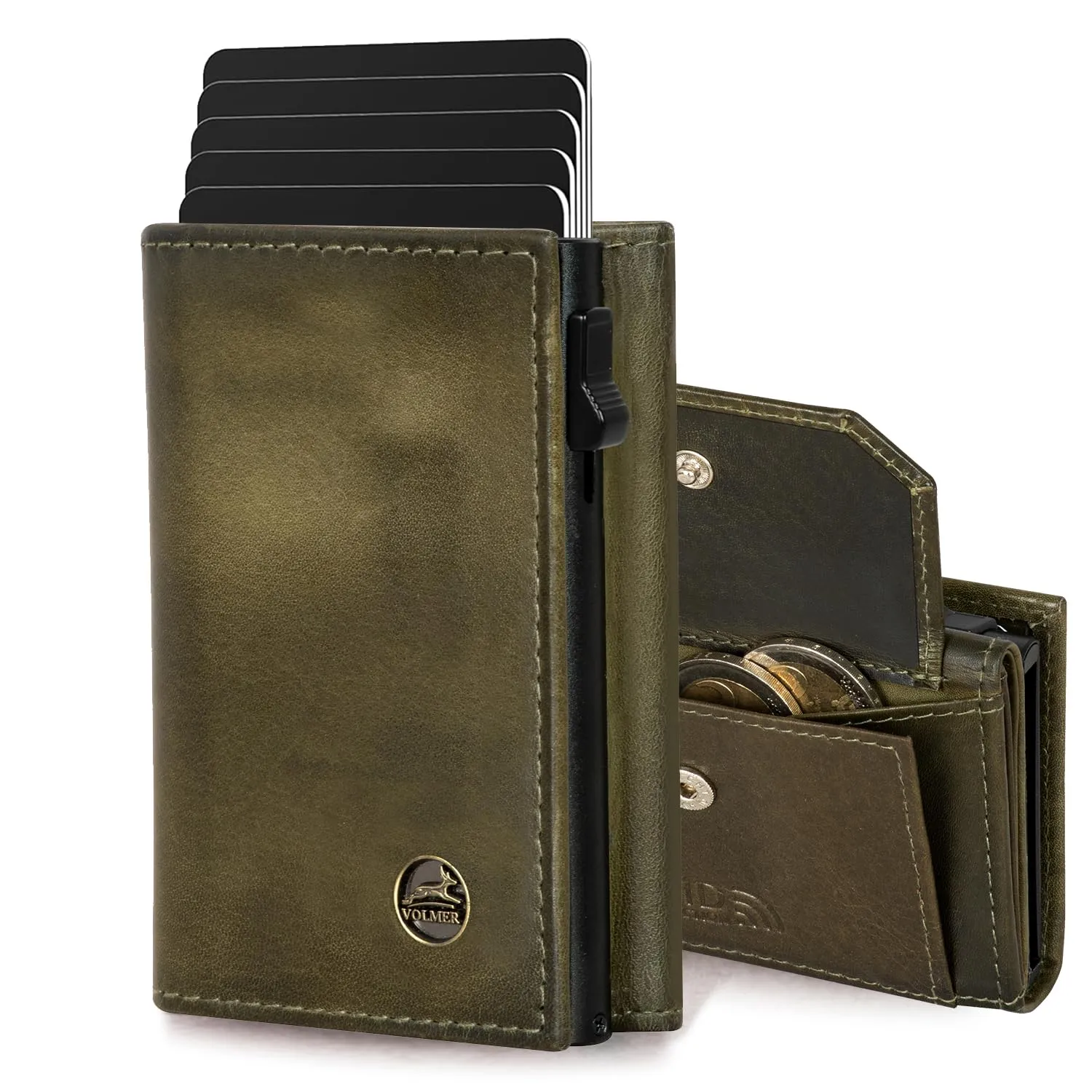 Fa.Volmer Porta carte con portamonete in vera pelle per uomo e donna | 11 carte | protezione RFID | Portafoglio VO44 (Hunter Green, Ampio scomparto per monete) - immagine 1
