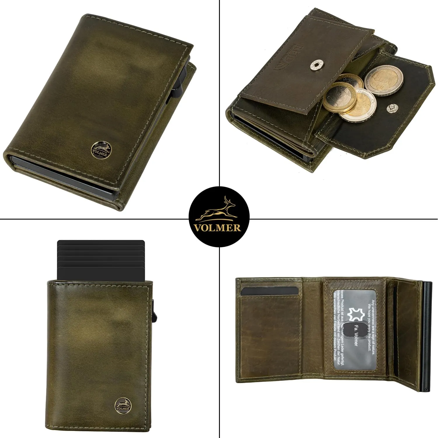 Fa.Volmer Porta carte con portamonete in vera pelle per uomo e donna | 11 carte | protezione RFID | Portafoglio VO44 (Hunter Green, Ampio scomparto per monete) - immagine 3