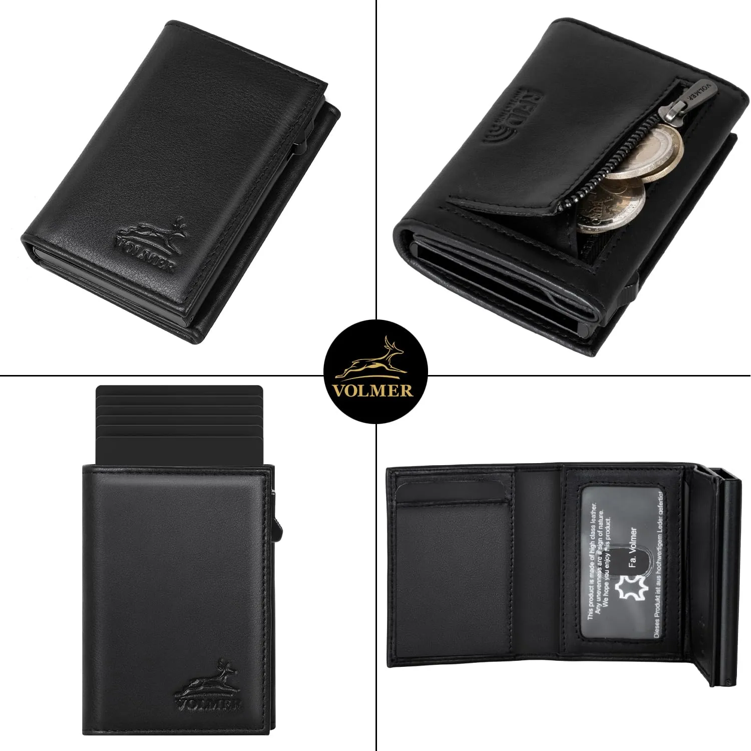 Fa.Volmer Porta carte con portamonete in vera pelle per uomo e donna | 11 carte | protezione RFID | Portafoglio VO44 (Black, piccolo scomparto per monete) - immagine 3
