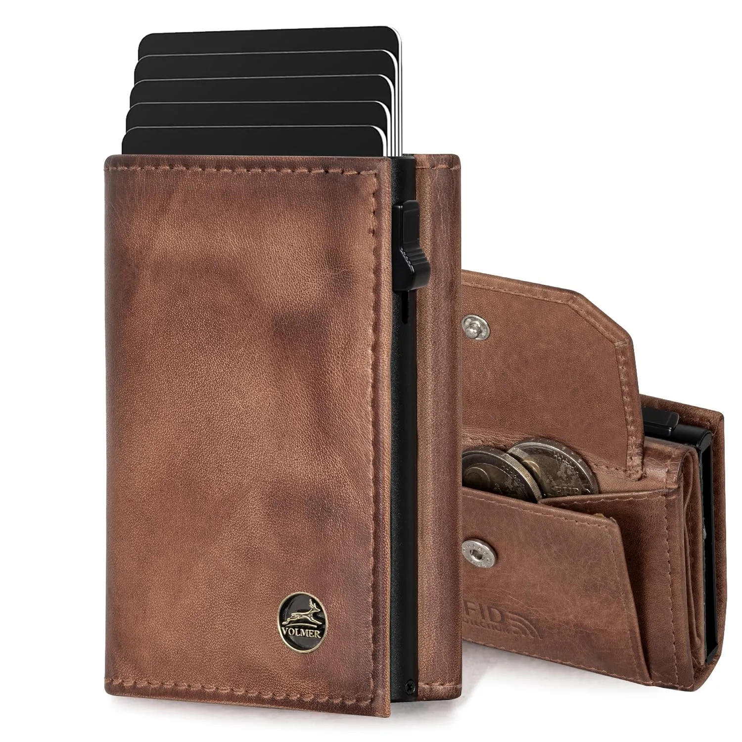 Fa.Volmer Porta carte con portamonete in vera pelle per uomo e donna | 11 carte | protezione RFID | Portafoglio VO44 (Antique Brown, Ampio scomparto per monete) - immagine 1