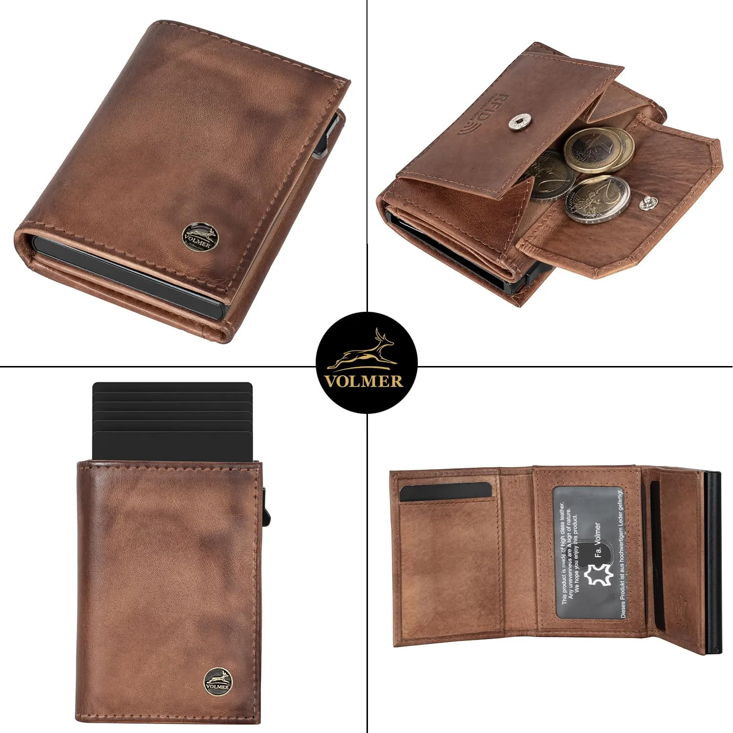 Fa.Volmer Porta carte con portamonete in vera pelle per uomo e donna | 11 carte | protezione RFID | Portafoglio VO44 (Antique Brown, Ampio scomparto per monete) - immagine 3
