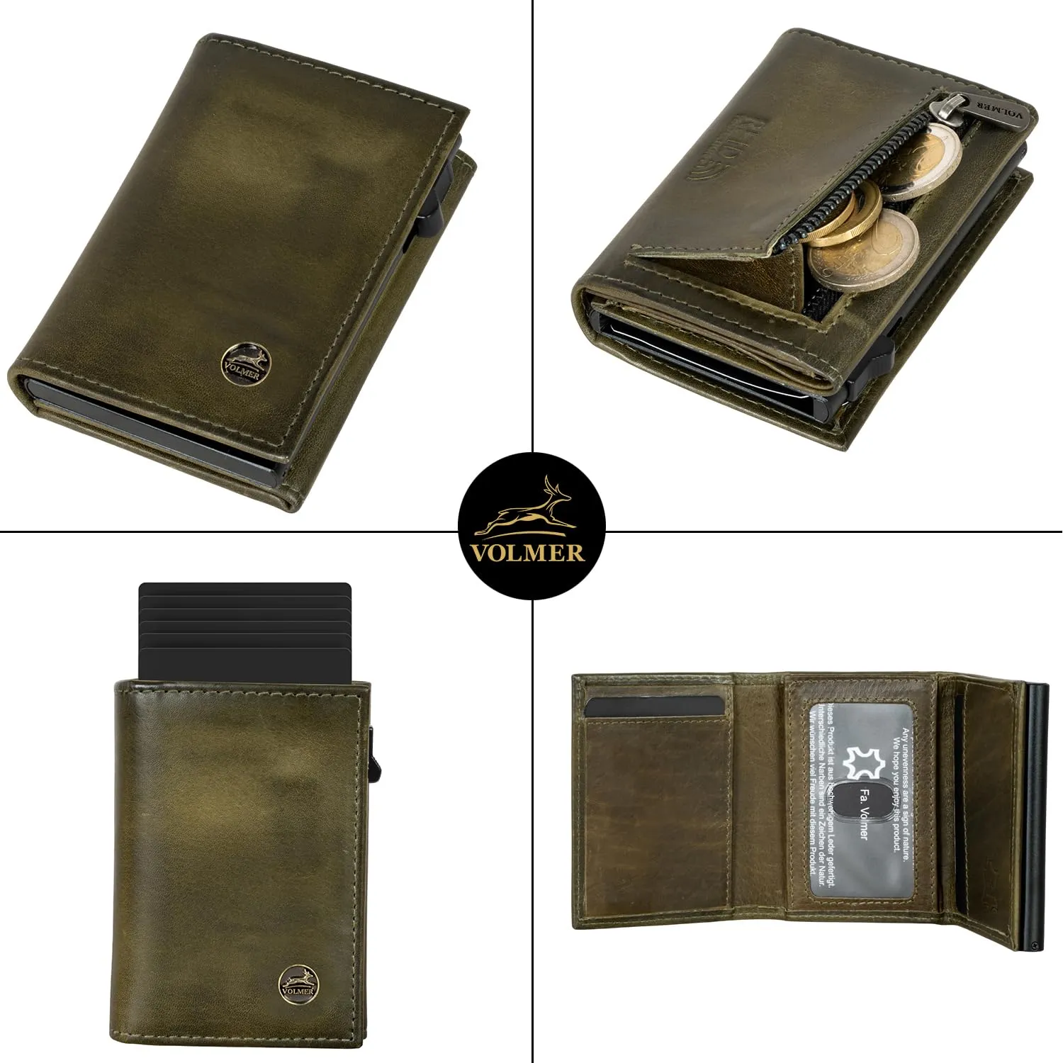 Fa.Volmer Porta carte con portamonete in vera pelle per uomo e donna | 11 carte | protezione RFID | Portafoglio VO44 (Hunter Green, piccolo scomparto per monete) - immagine 3