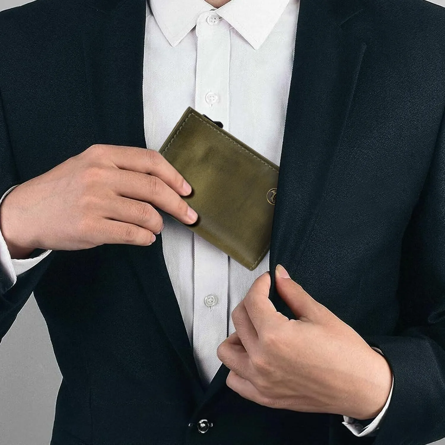 Fa.Volmer Porta carte con portamonete in vera pelle per uomo e donna | 11 carte | protezione RFID | Portafoglio VO44 (Hunter Green, piccolo scomparto per monete) - immagine 5