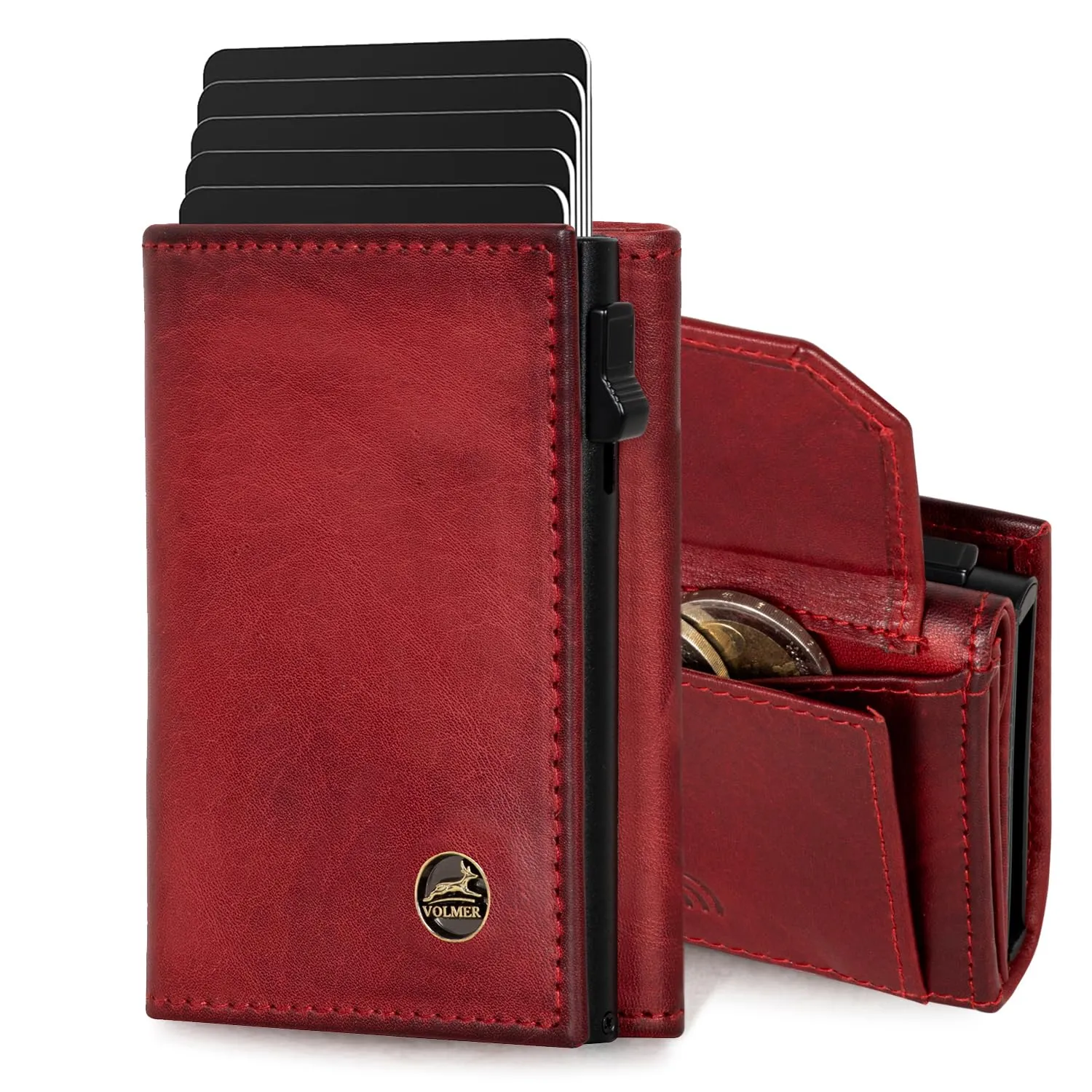 Fa.Volmer Porta carte con portamonete in vera pelle per uomo e donna | 11 carte | protezione RFID | Portafoglio VO44 (Bordeaux Red, Ampio scomparto per monete) - immagine 1