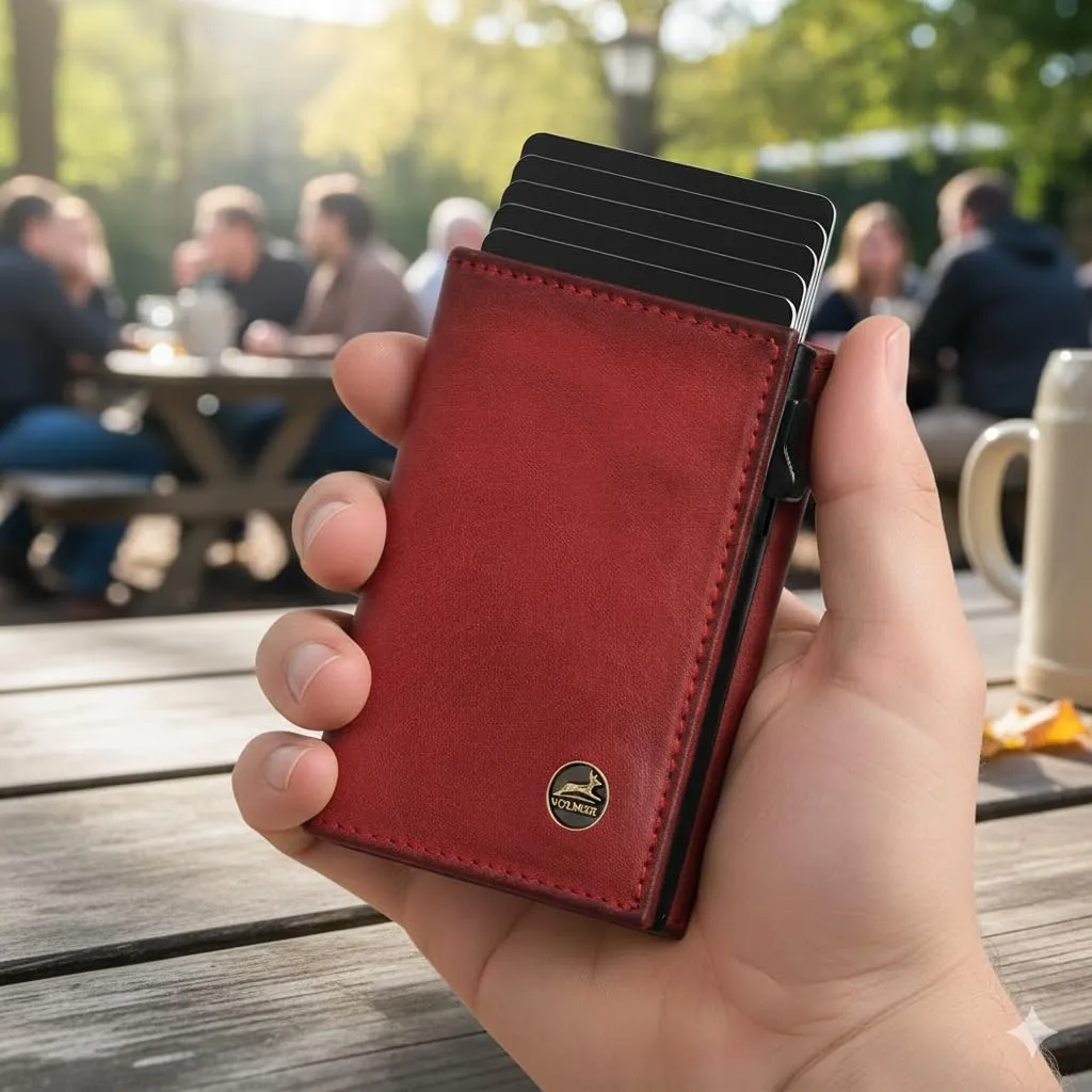 Fa.Volmer Porta carte con portamonete in vera pelle per uomo e donna | 11 carte | protezione RFID | Portafoglio VO44 (Bordeaux Red, Ampio scomparto per monete) - immagine 2
