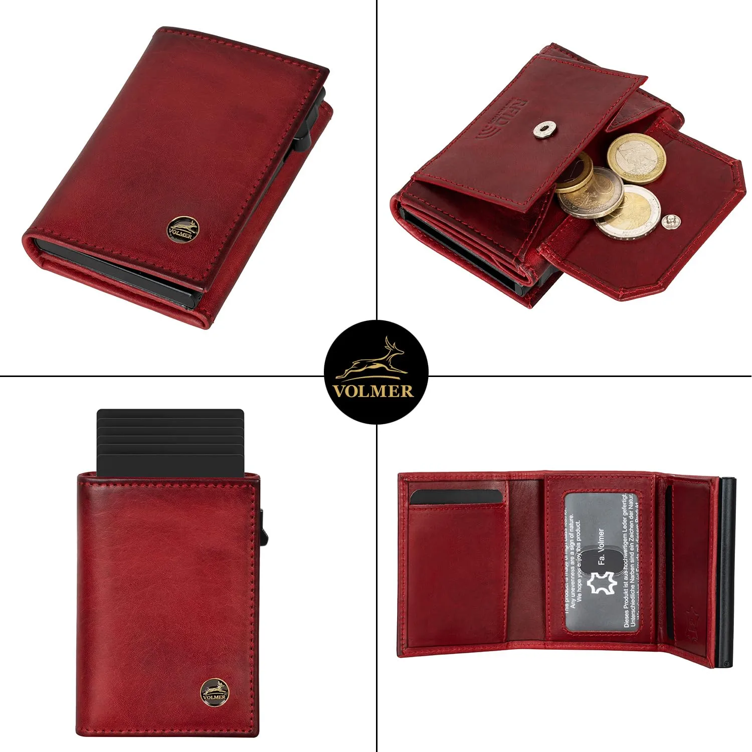 Fa.Volmer Porta carte con portamonete in vera pelle per uomo e donna | 11 carte | protezione RFID | Portafoglio VO44 (Bordeaux Red, Ampio scomparto per monete) - immagine 3