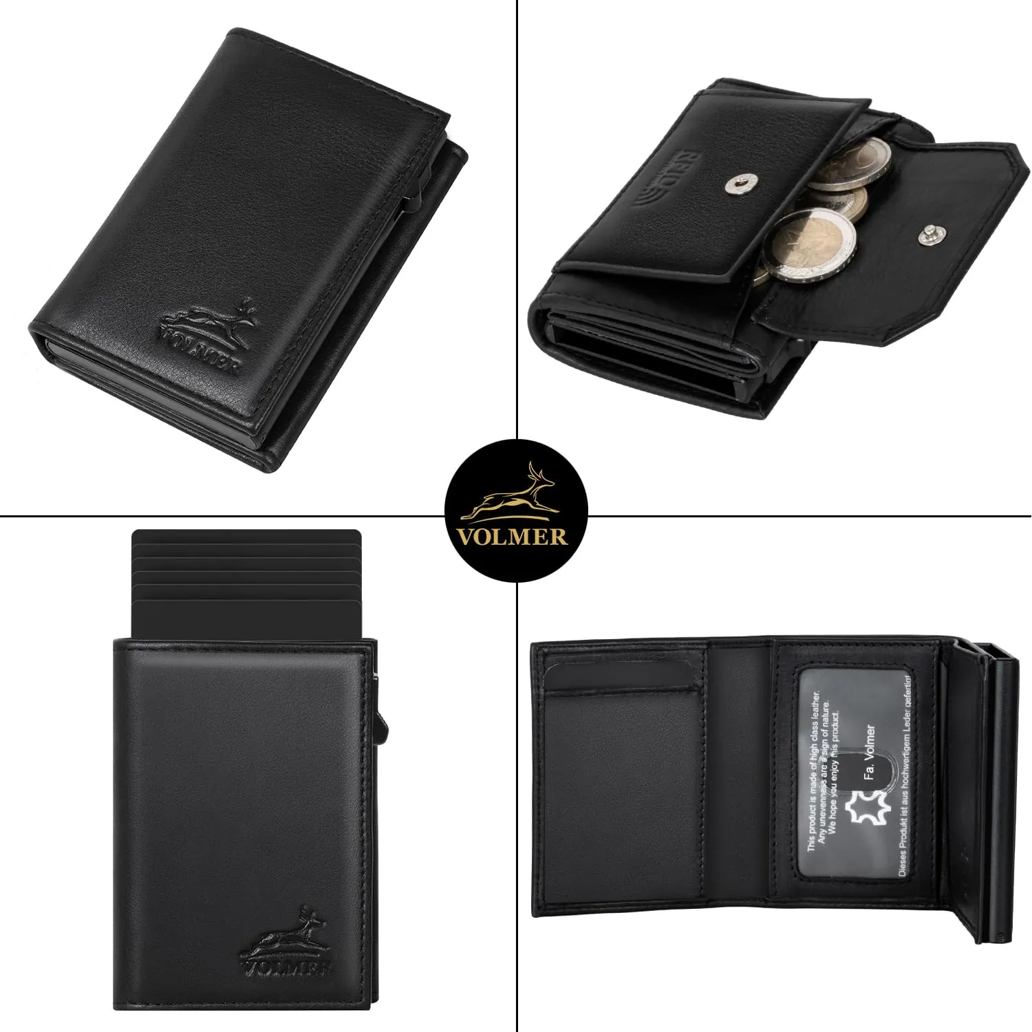Fa.Volmer Porta carte con portamonete in vera pelle per uomo e donna | 11 carte | protezione RFID | Portafoglio VO44 (Black, Ampio scomparto per monete) - immagine 3