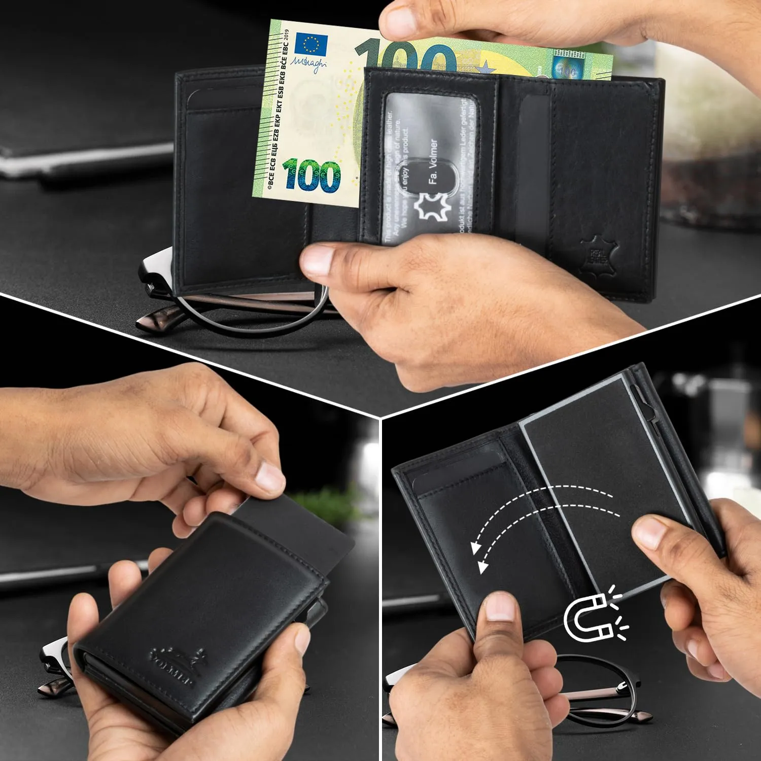 Fa.Volmer Porta carte con portamonete in vera pelle per uomo e donna | 11 carte | protezione RFID | Portafoglio VO44 (Black, Ampio scomparto per monete) - immagine 4