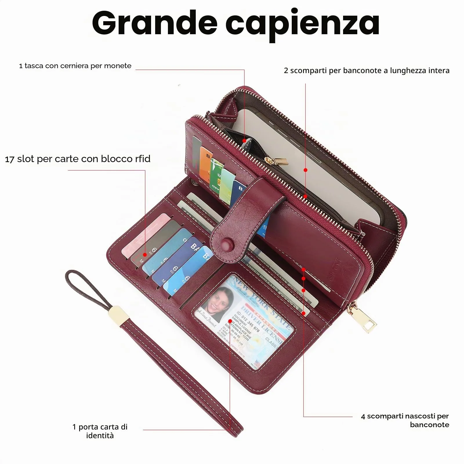 GOIACII Portafogli da donna di grande capacità con blocco RFID con cinturino da polso - immagine 2