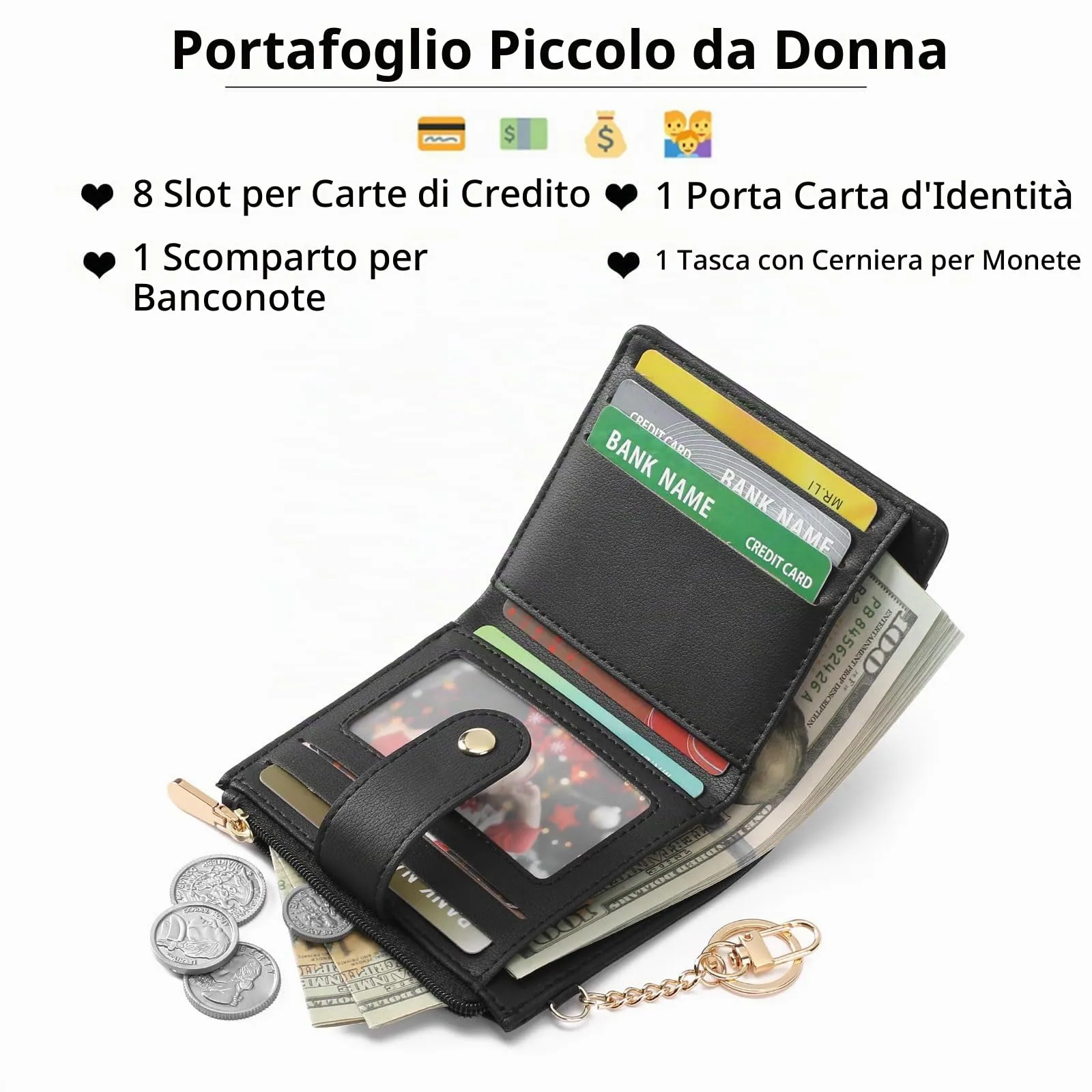 GAEKEAO Portafoglio Donna Piccolo con Blocco RFID, Portamonete Donna in Pelle PU con Cerniera e chiusura a Scatto Scomparti per Carte Multipli Porta Carte di Credito, Nero - immagine 2