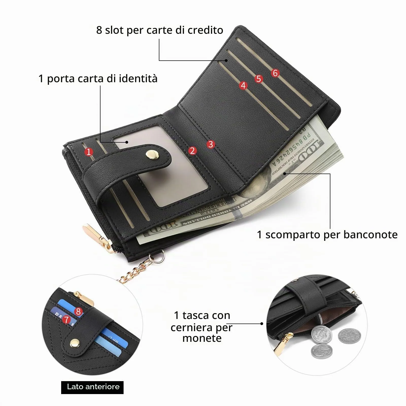 GAEKEAO Portafoglio Donna Piccolo con Blocco RFID, Portamonete Donna in Pelle PU con Cerniera e chiusura a Scatto Scomparti per Carte Multipli Porta Carte di Credito, Nero - immagine 3