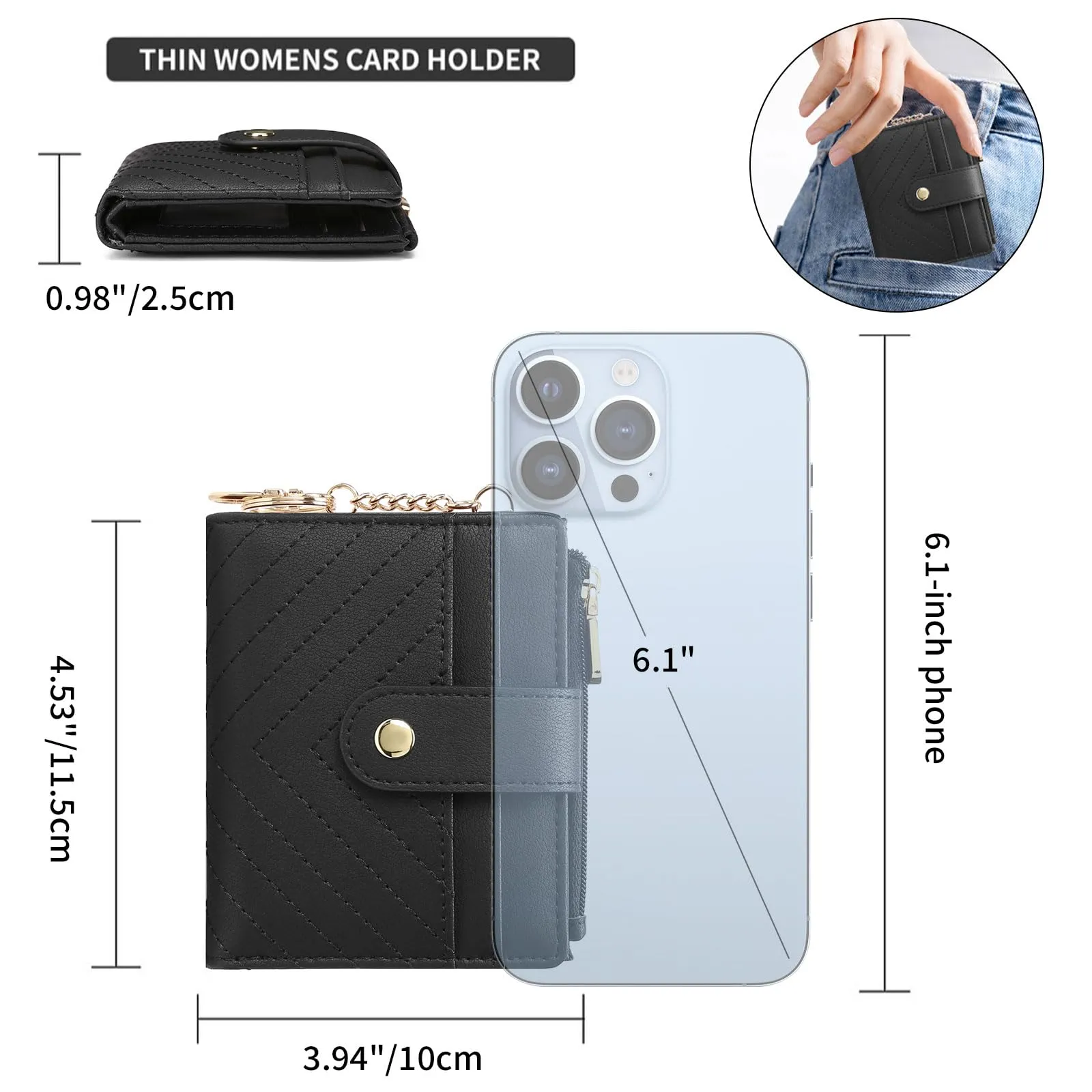 GAEKEAO Portafoglio Donna Piccolo con Blocco RFID, Portamonete Donna in Pelle PU con Cerniera e chiusura a Scatto Scomparti per Carte Multipli Porta Carte di Credito, Nero - immagine 5