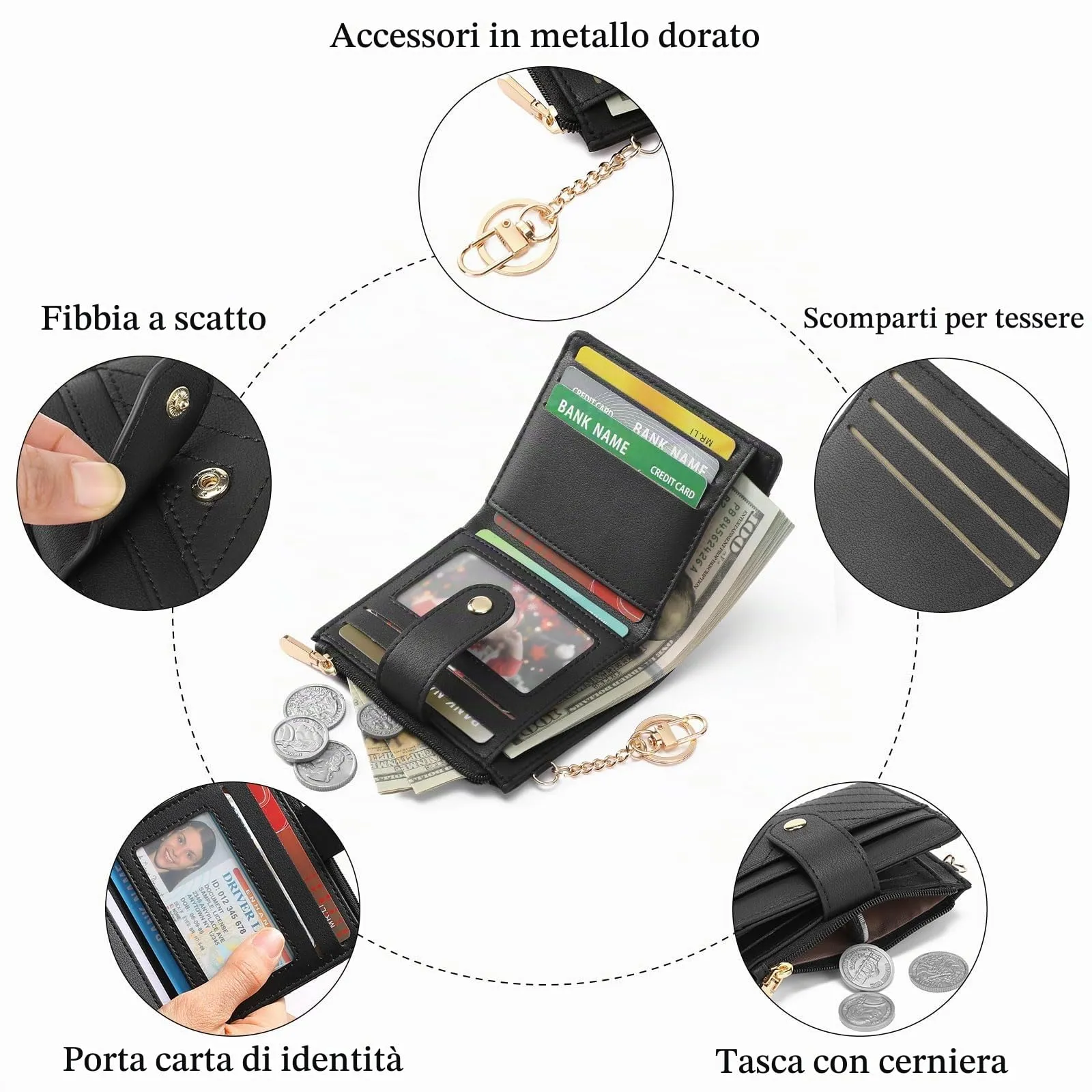 GAEKEAO Portafoglio Donna Piccolo con Blocco RFID, Portamonete Donna in Pelle PU con Cerniera e chiusura a Scatto Scomparti per Carte Multipli Porta Carte di Credito, Nero - immagine 6